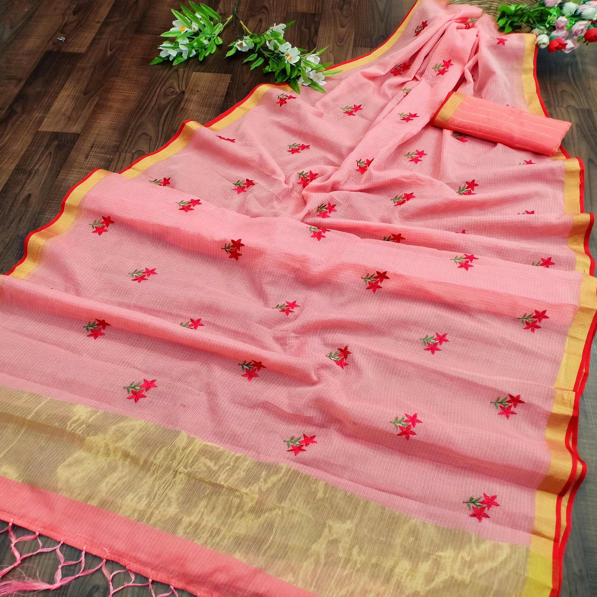 Exotic Gajari Colored Festive Wear Woven Silk Saree - Peachmode