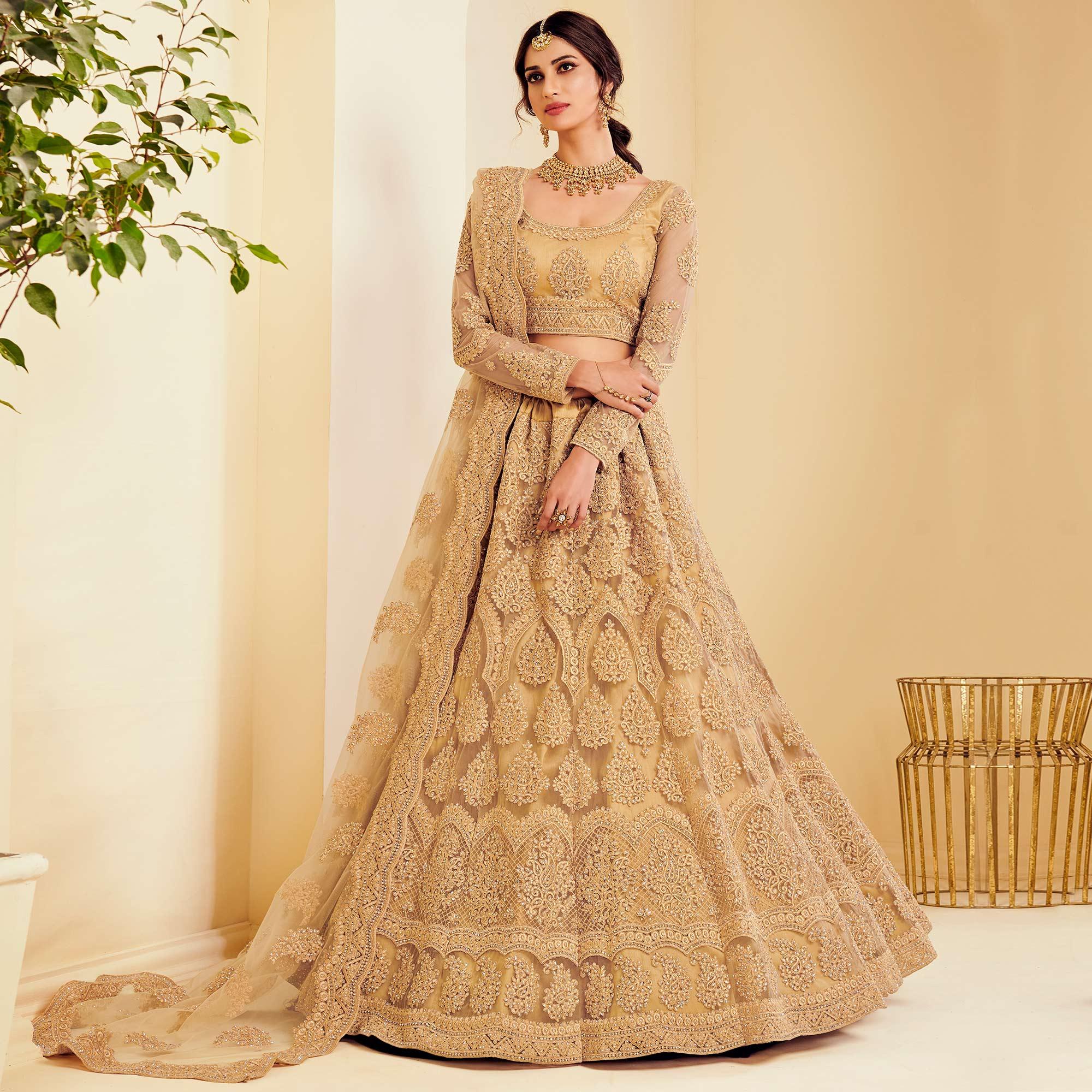 Exotic Golden Coloured Wedding Wear Cording Embroidered Net Lehenga Choli - Peachmode