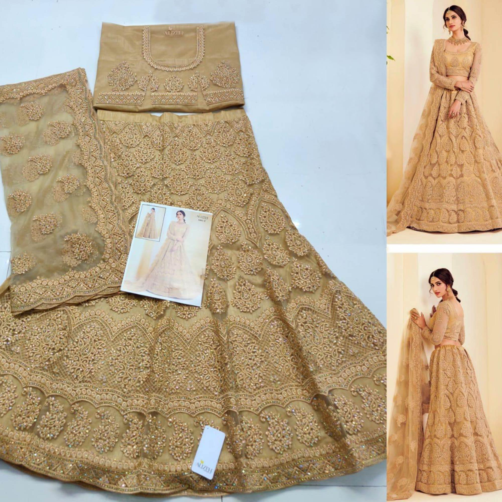Exotic Golden Coloured Wedding Wear Cording Embroidered Net Lehenga Choli - Peachmode