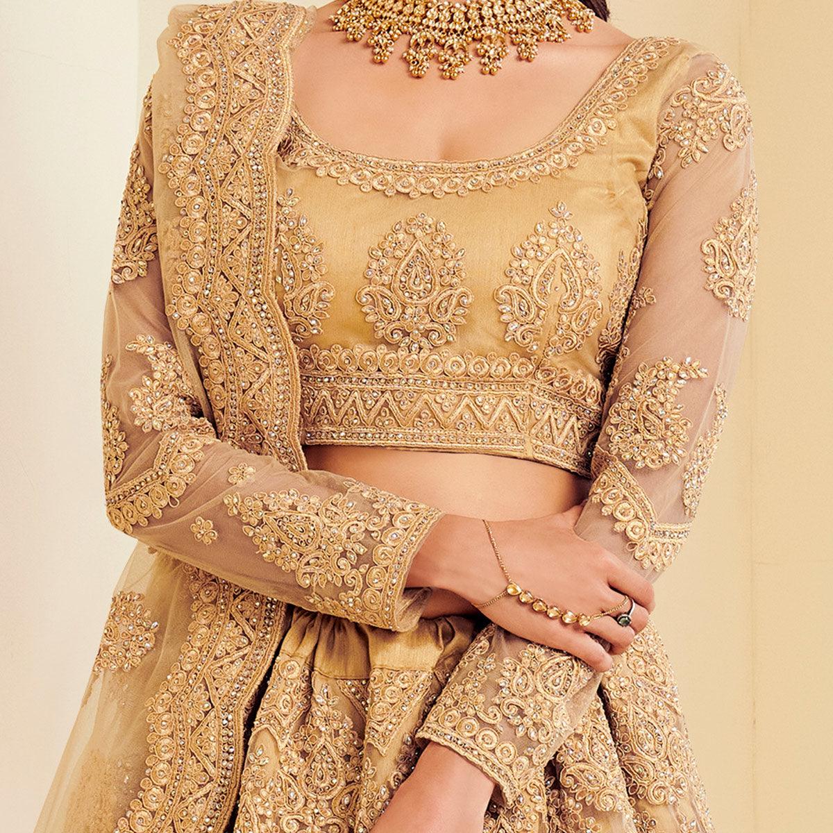 Exotic Golden Coloured Wedding Wear Cording Embroidered Net Lehenga Choli - Peachmode