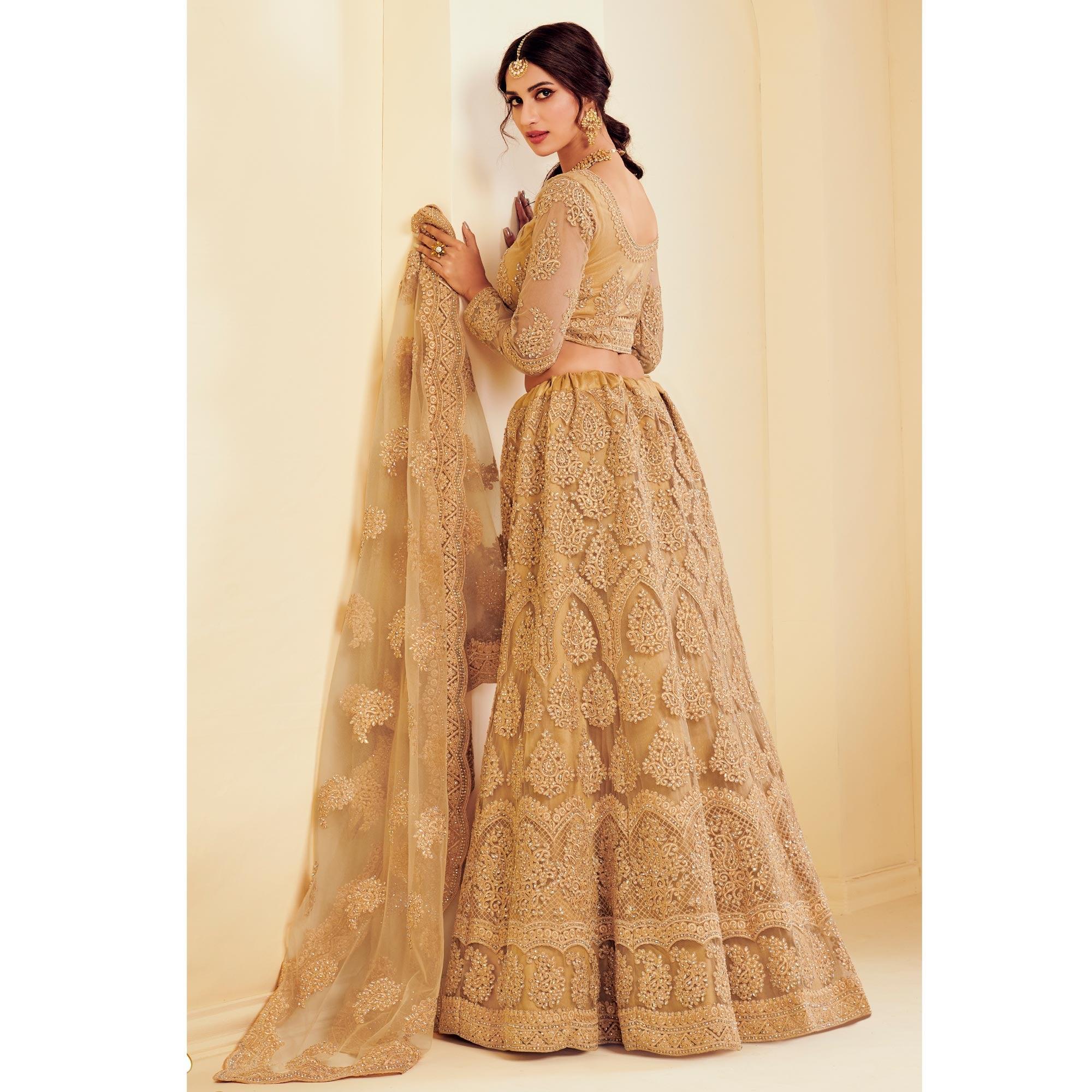 Exotic Golden Coloured Wedding Wear Cording Embroidered Net Lehenga Choli - Peachmode
