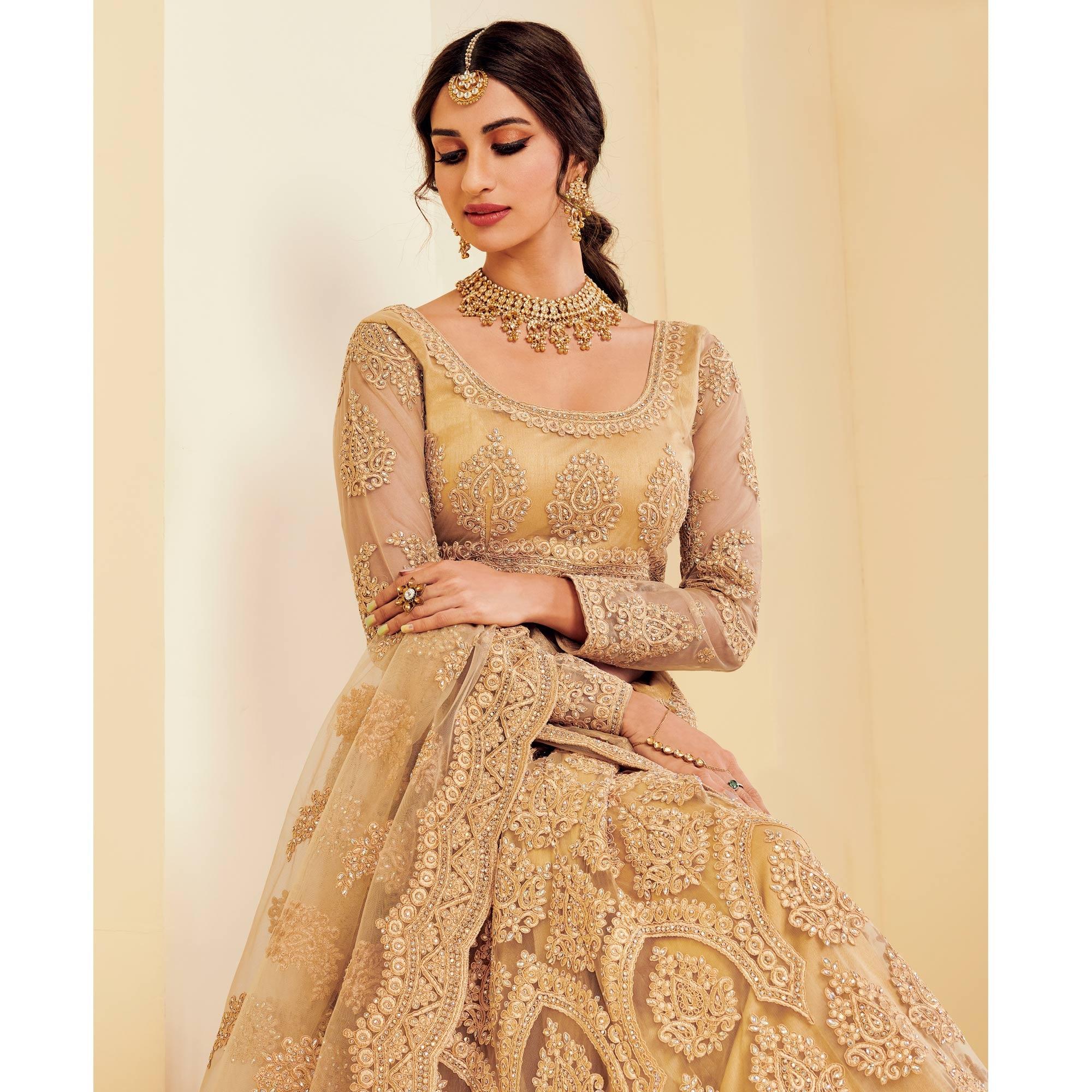 Exotic Golden Coloured Wedding Wear Cording Embroidered Net Lehenga Choli - Peachmode