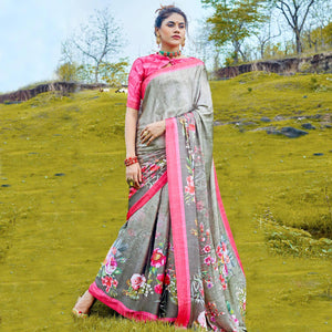 Exotic Gray Colored Casual Digital Printed Satin Crepe Saree - Peachmode