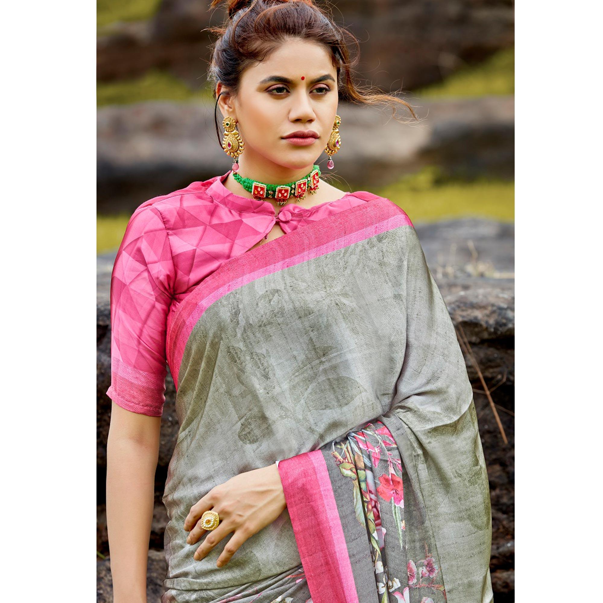 Exotic Gray Colored Casual Digital Printed Satin Crepe Saree - Peachmode