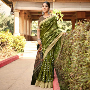 Exotic Green Colored Digital Printed Festive Wear Linen Designer Saree - Peachmode