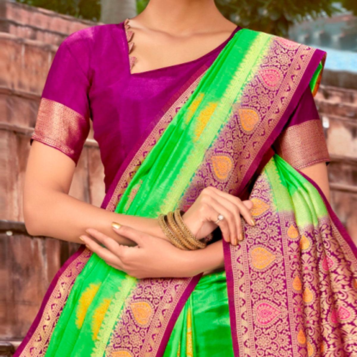 Exotic Green Colored Festive Wear Woven Silk Saree - Peachmode