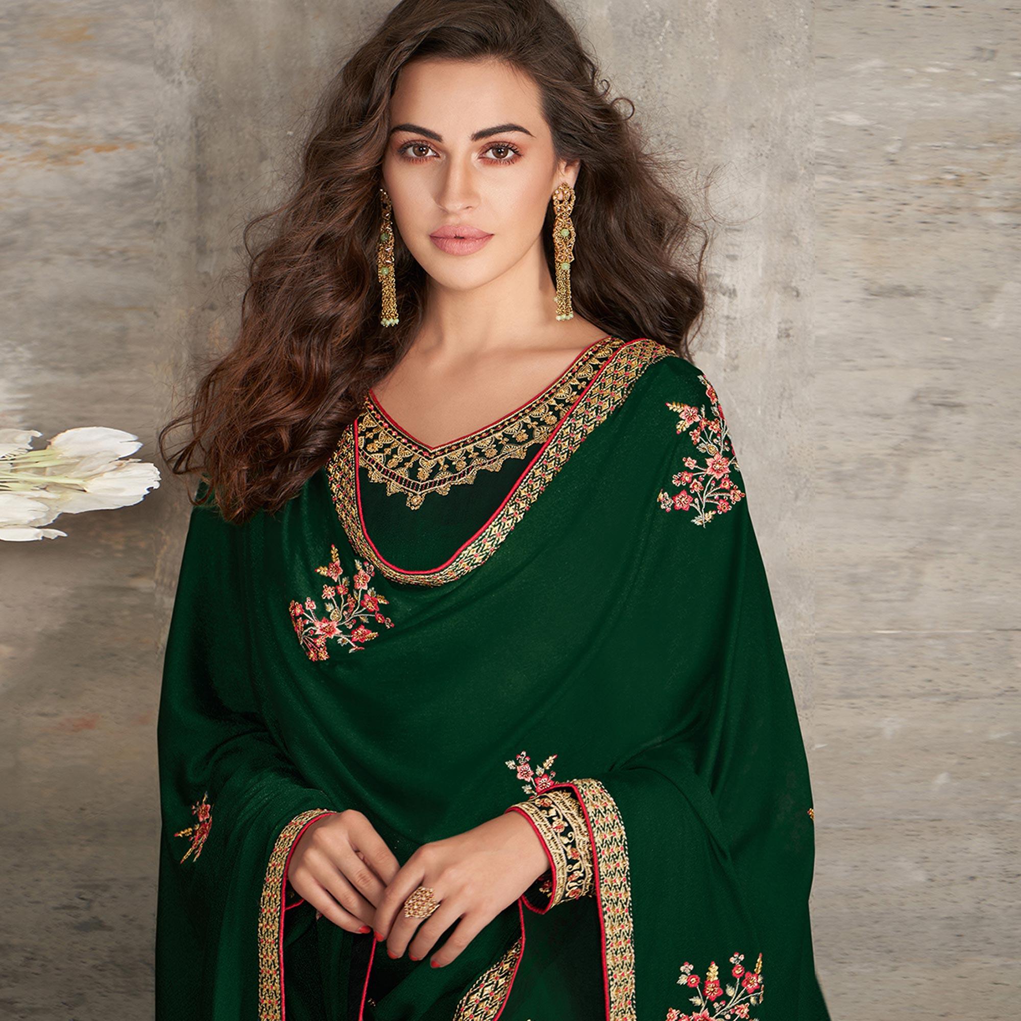 Exotic Green Coloured Partywear Designer Heavy Rangoli Georgette Palazzo Suit - Peachmode