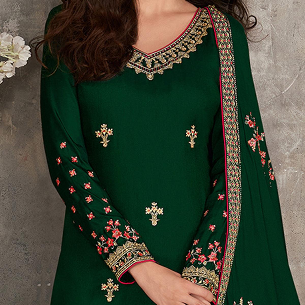 Exotic Green Coloured Partywear Designer Heavy Rangoli Georgette Palazzo Suit - Peachmode