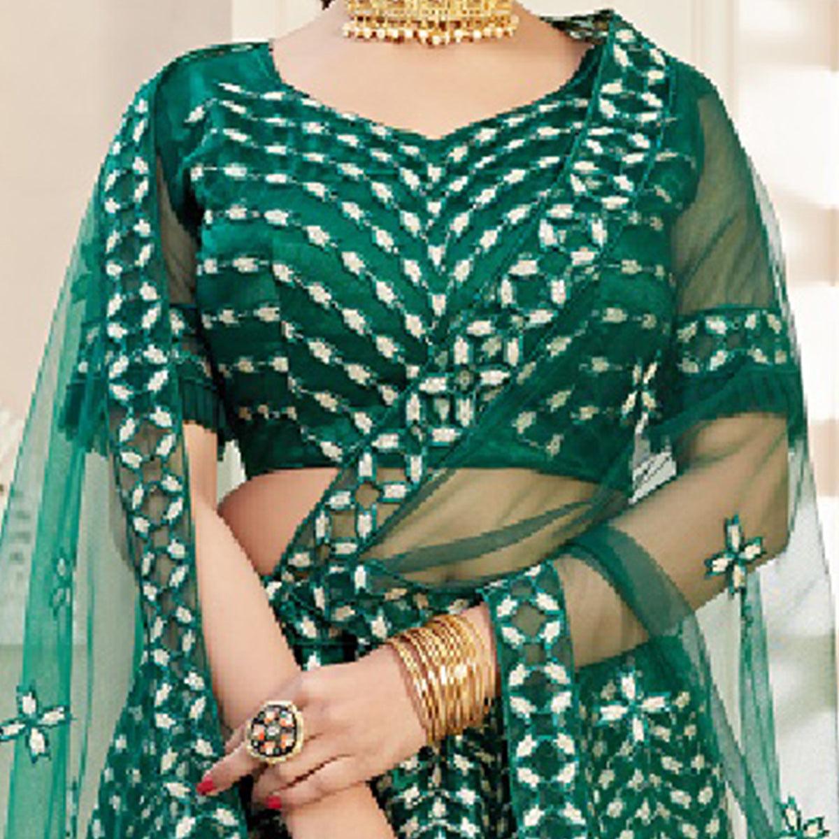 Exotic Green Coloured Thread Embroidery Heavy Net Lehenga Choli - Peachmode