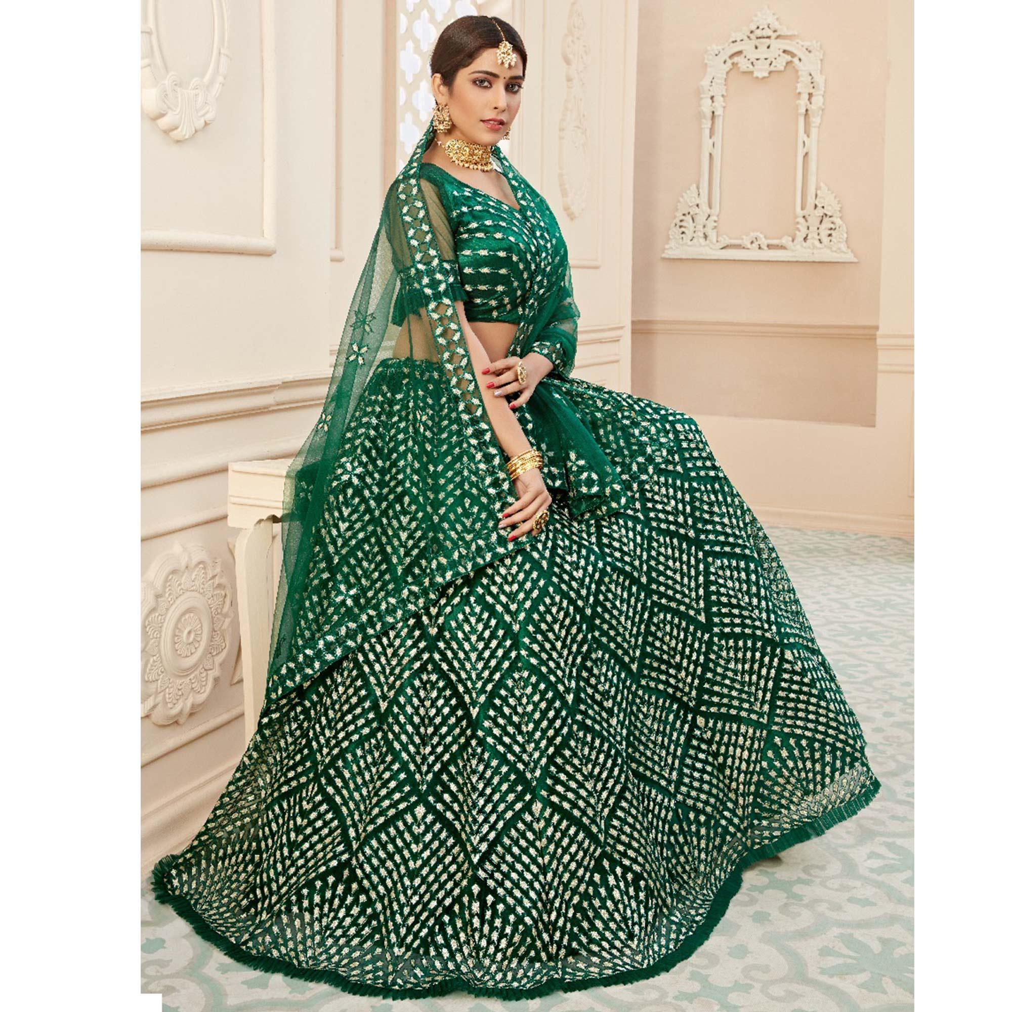 Exotic Green Coloured Thread Embroidery Heavy Net Lehenga Choli - Peachmode