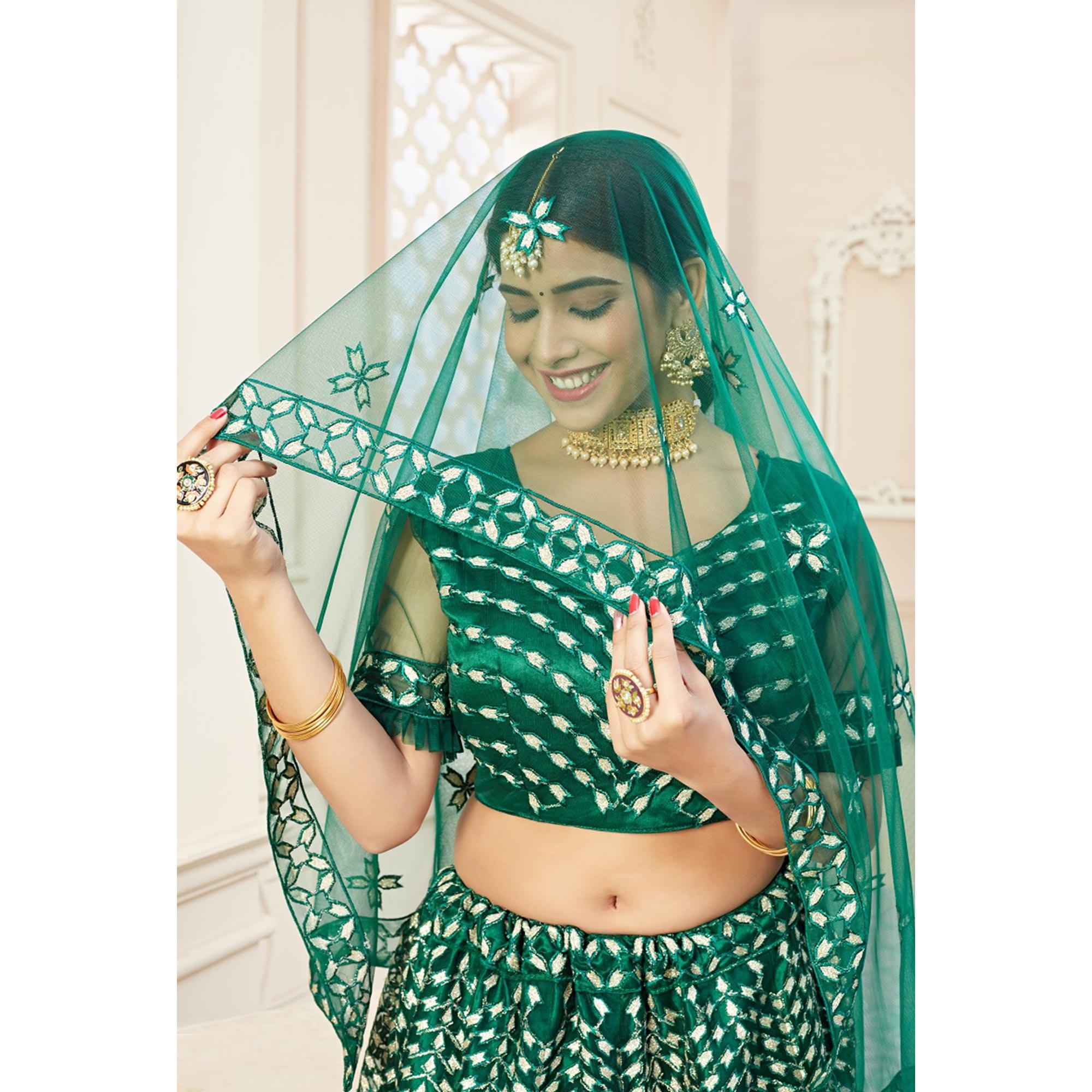 Exotic Green Coloured Thread Embroidery Heavy Net Lehenga Choli - Peachmode