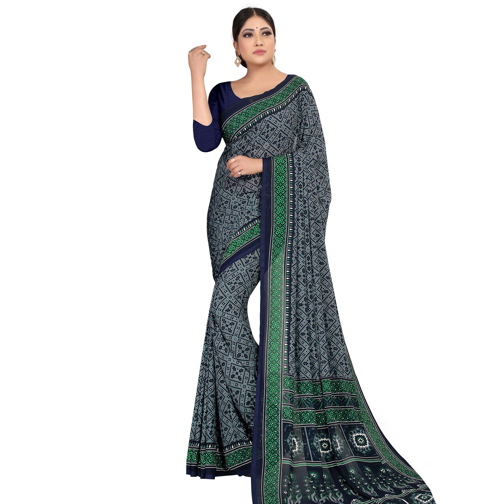 Exotic Grey Colored Casual Wear Printed Georgette Saree - Peachmode