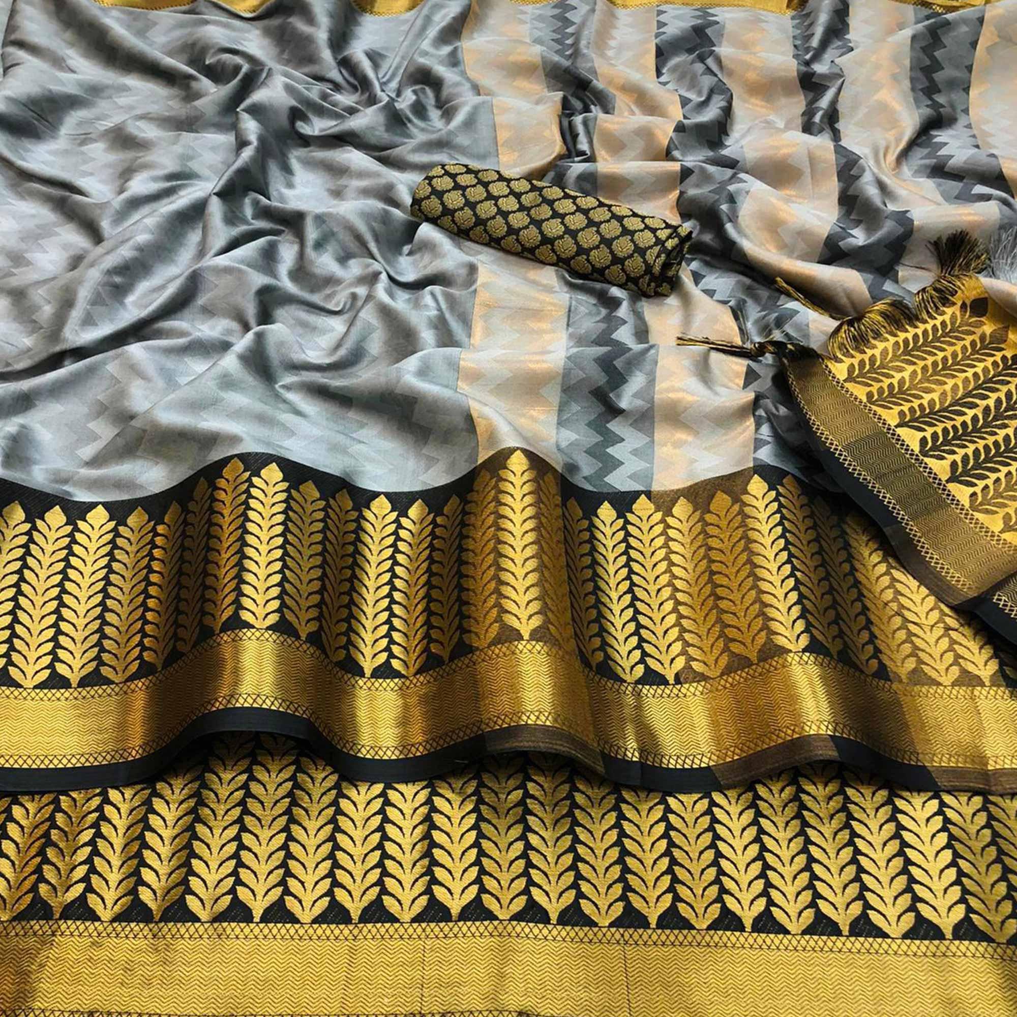 Exotic Grey Colored Festive Wear Woven Cotton Silk Saree - Peachmode