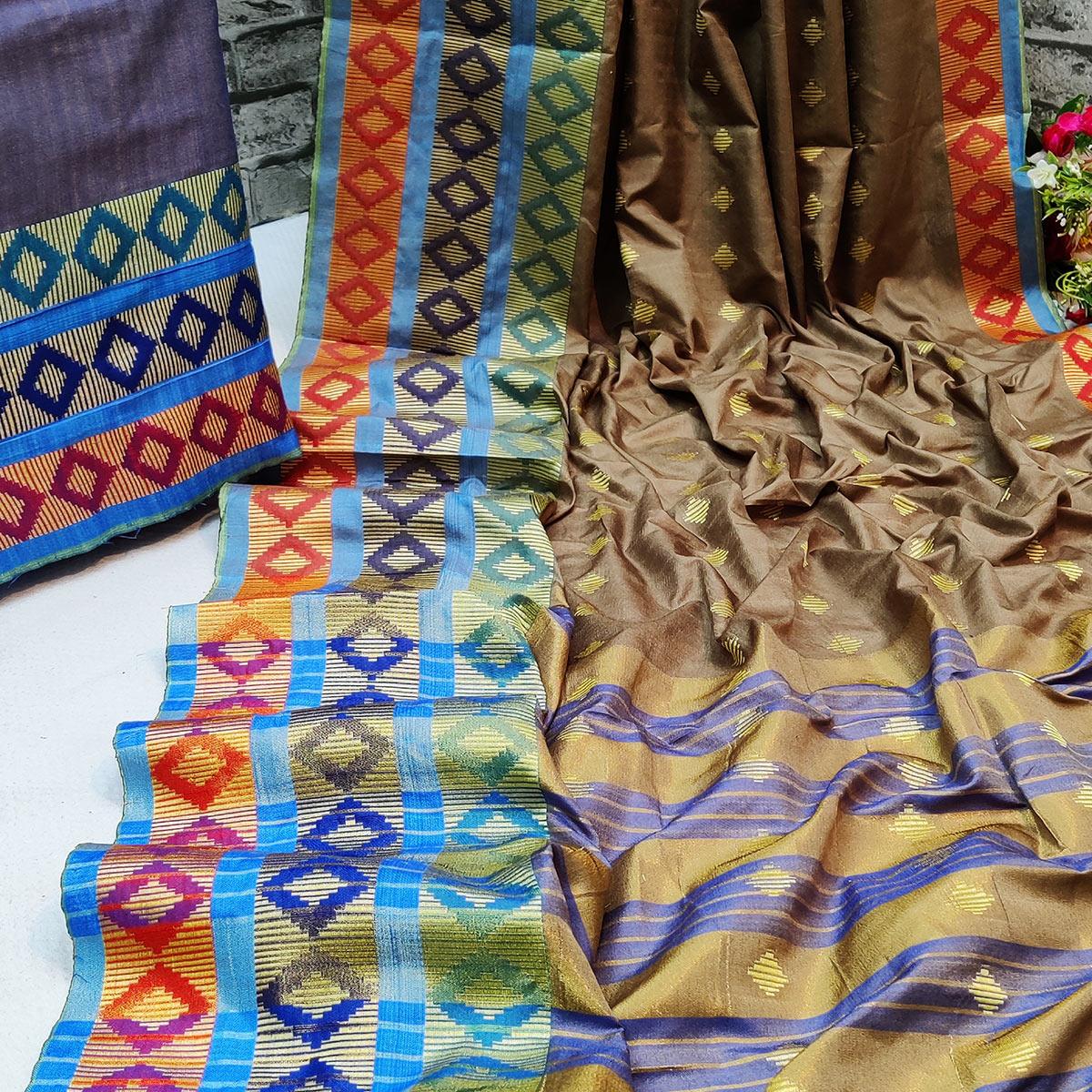 Exotic Grey Colored Festive Wear Woven Cotton Silk Saree - Peachmode