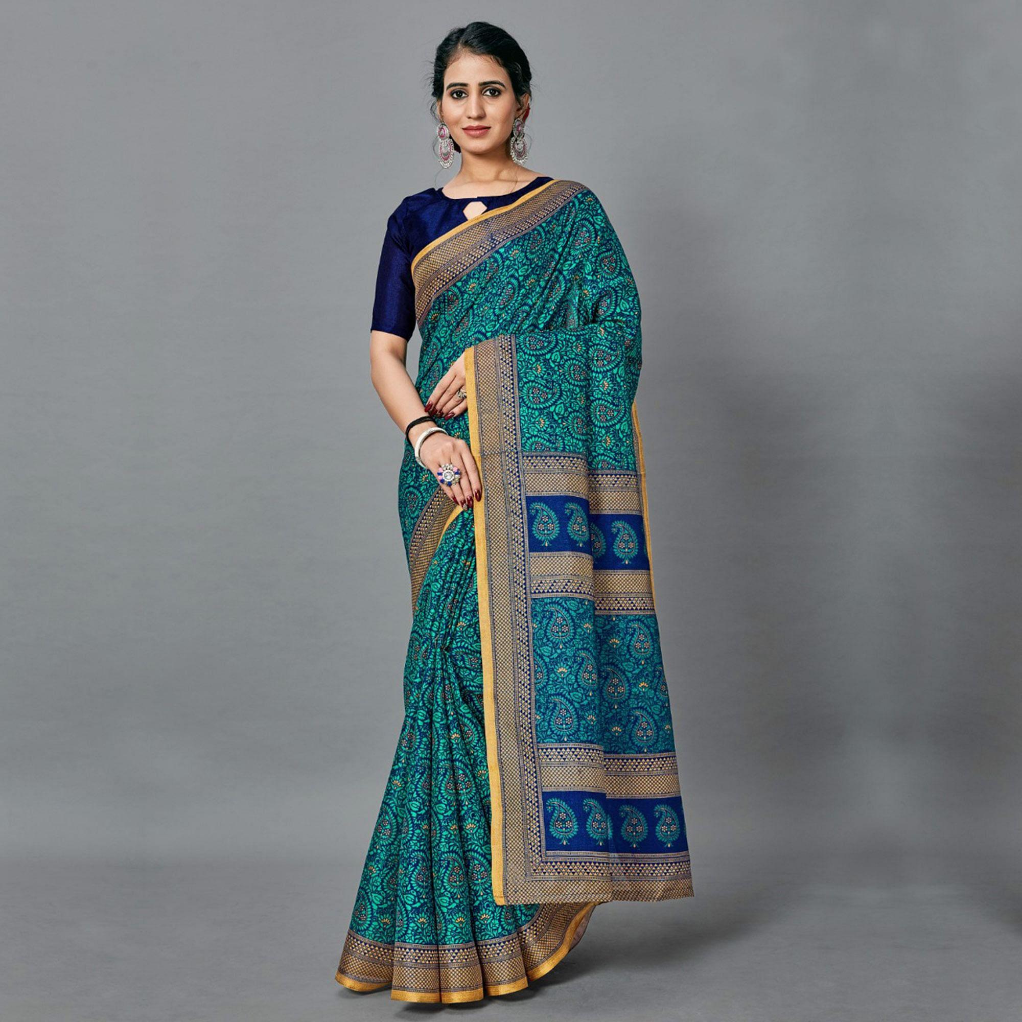 Exotic Light Blue Colored Casual Wear Printed Art Silk Saree - Peachmode