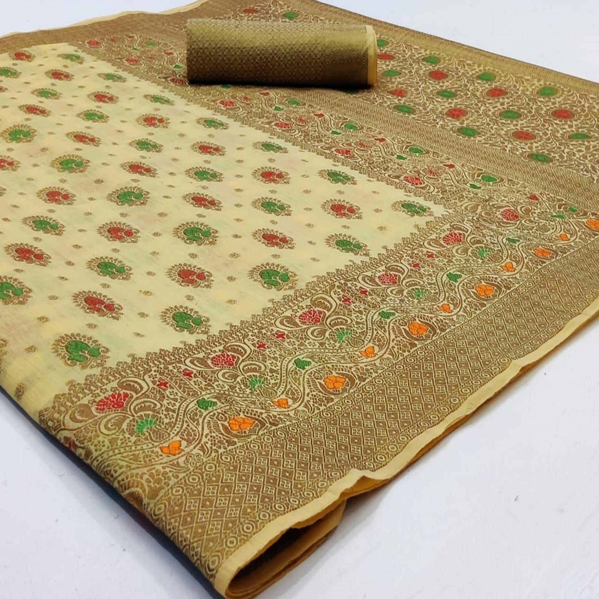 Exotic Light Green Colored Festive Wear Woven Cotton Saree - Peachmode