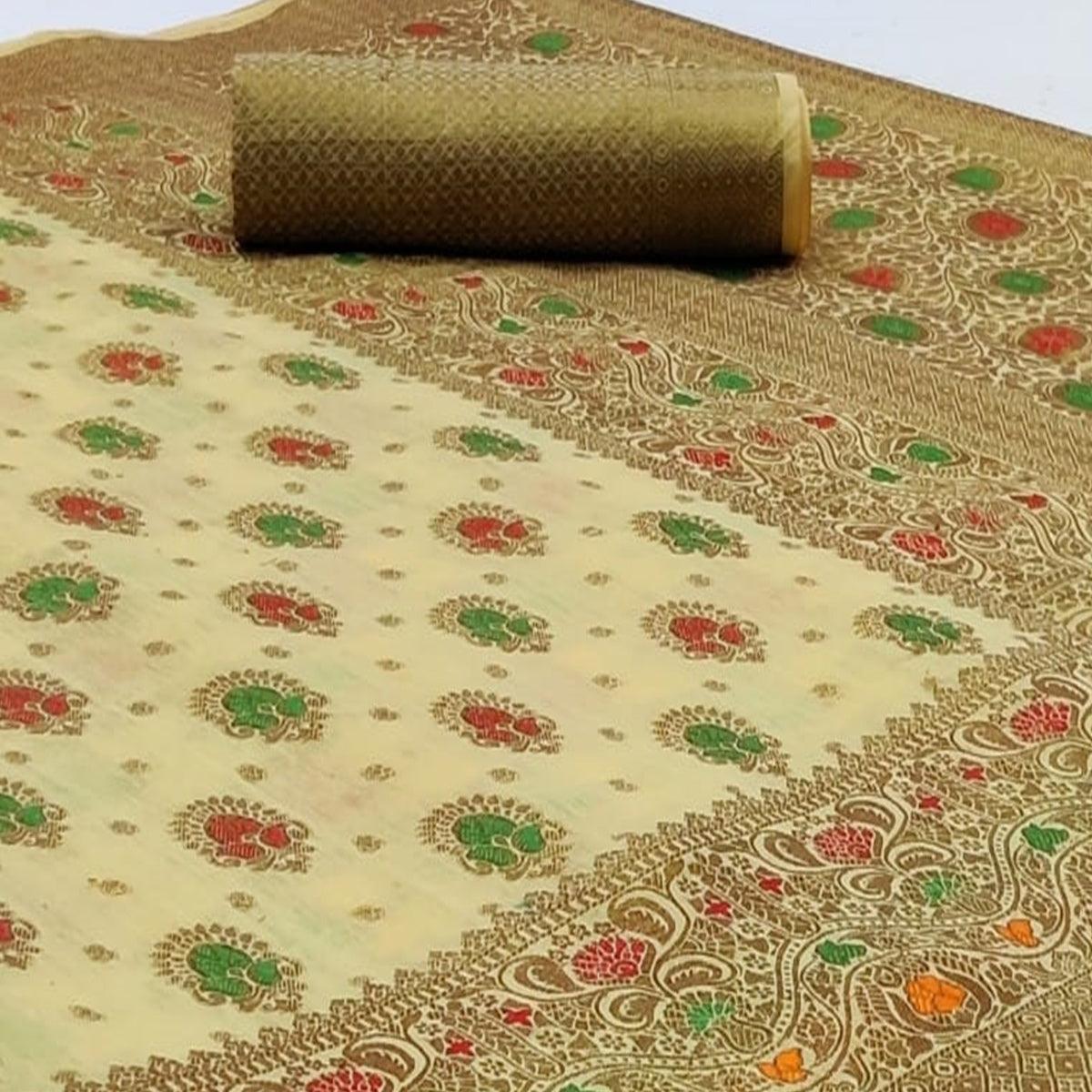 Exotic Light Green Colored Festive Wear Woven Cotton Saree - Peachmode