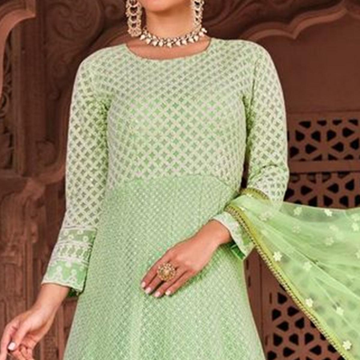 Exotic Light Green Colored Partywear Embroidered Pure Viscose Georgette Anarkali Suit - Peachmode