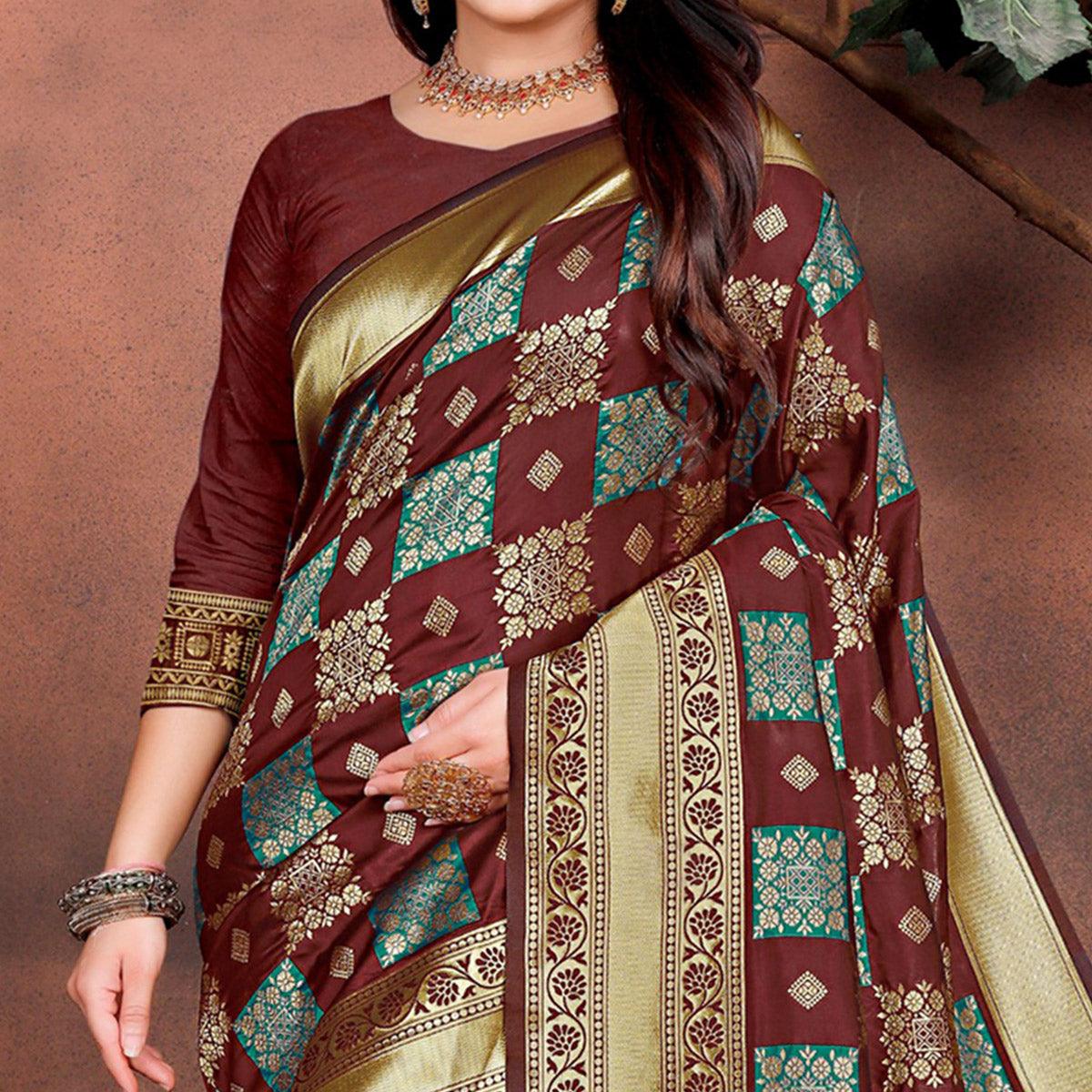 Exotic Maroon Colored Festive Wear Woven Silk Saree - Peachmode
