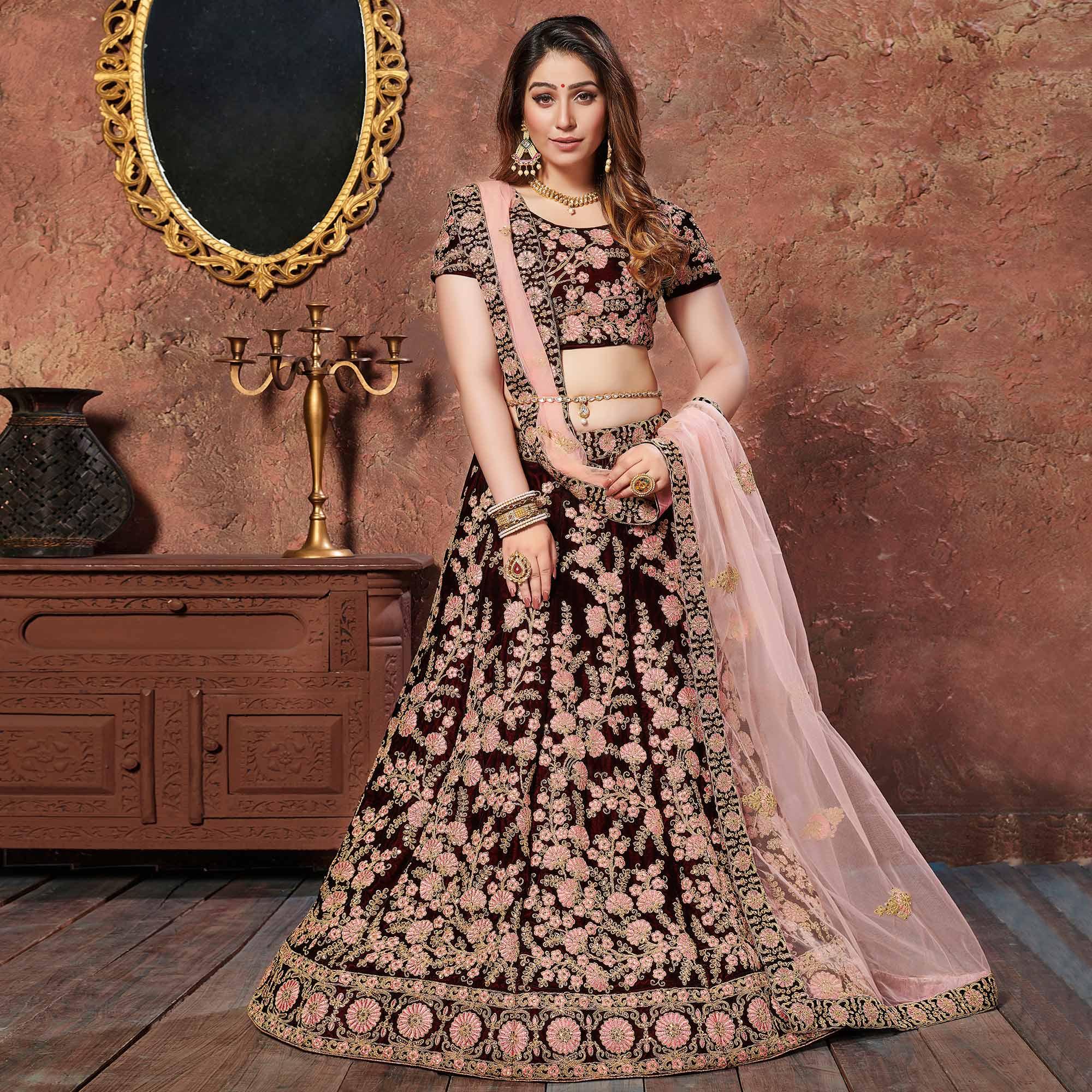 Exotic Maroon Colored Wedding Wear Embroidered Pure Velvet Lehenga Choli - Peachmode