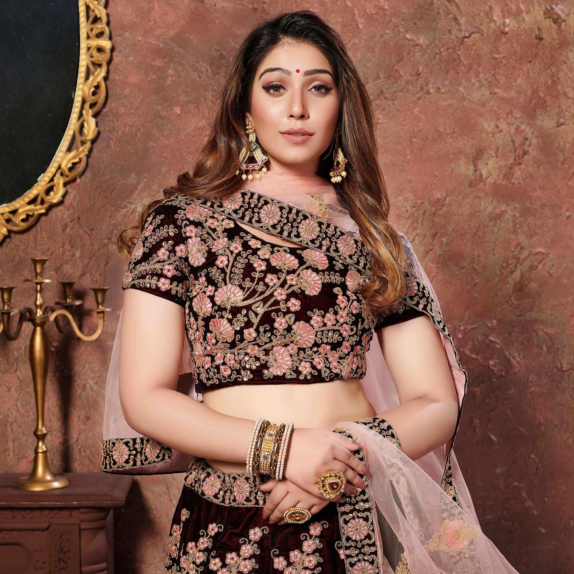 Exotic Maroon Colored Wedding Wear Embroidered Pure Velvet Lehenga Choli - Peachmode