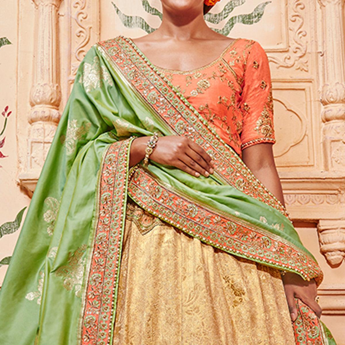 Exotic Multicolored Wedding Wear Pure Silk-Jacquard Lehenga Choli - Peachmode