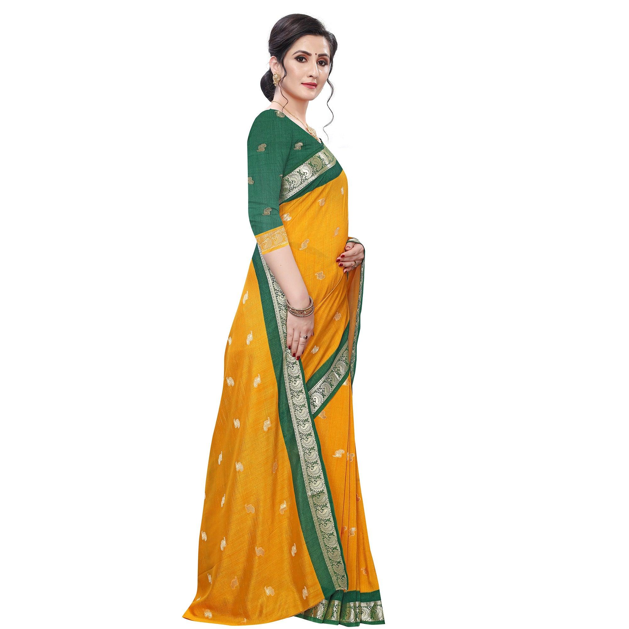 Exotic Mustard Yellow Colored Festive Wear Woven Vichitra Silk Saree - Peachmode