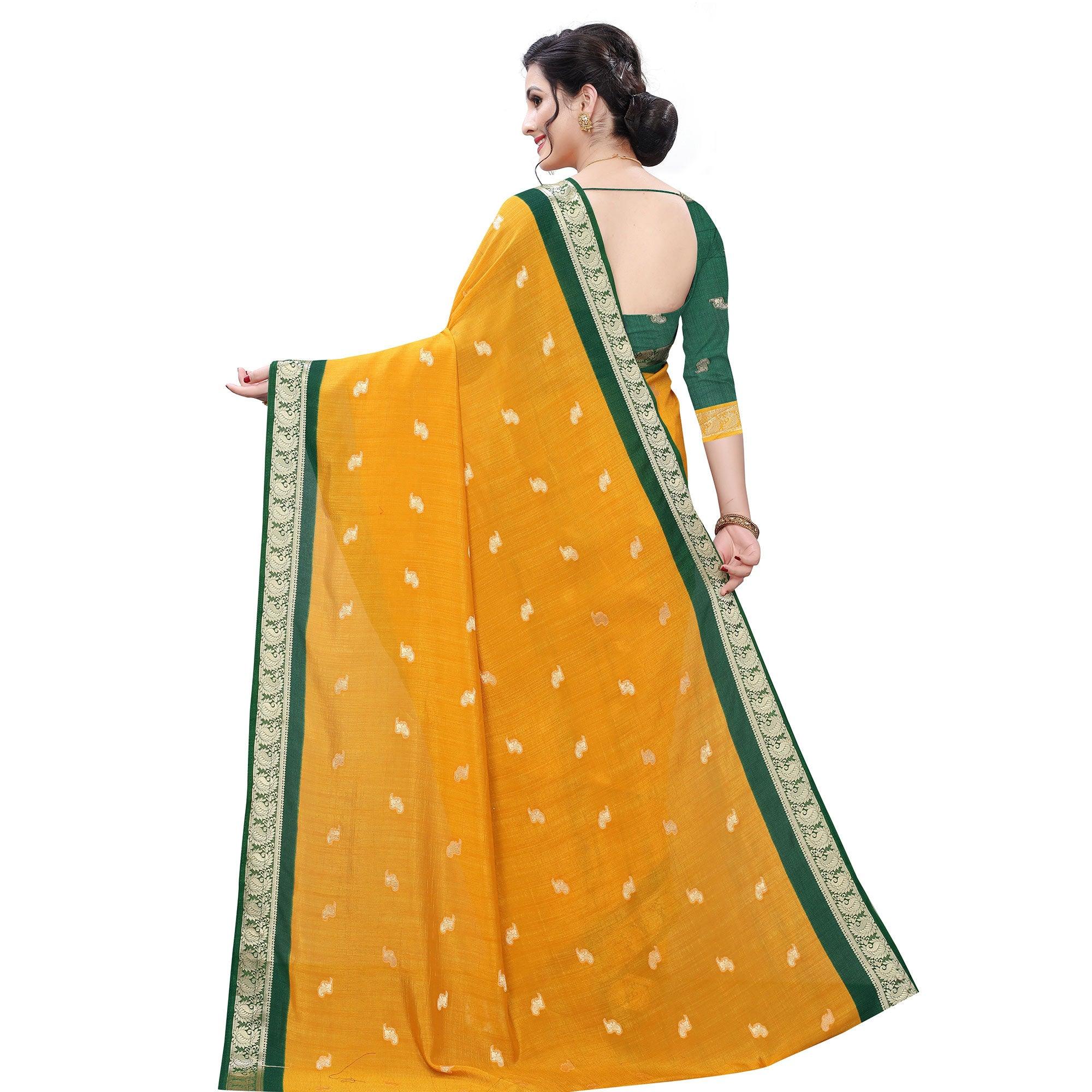 Exotic Mustard Yellow Colored Festive Wear Woven Vichitra Silk Saree - Peachmode