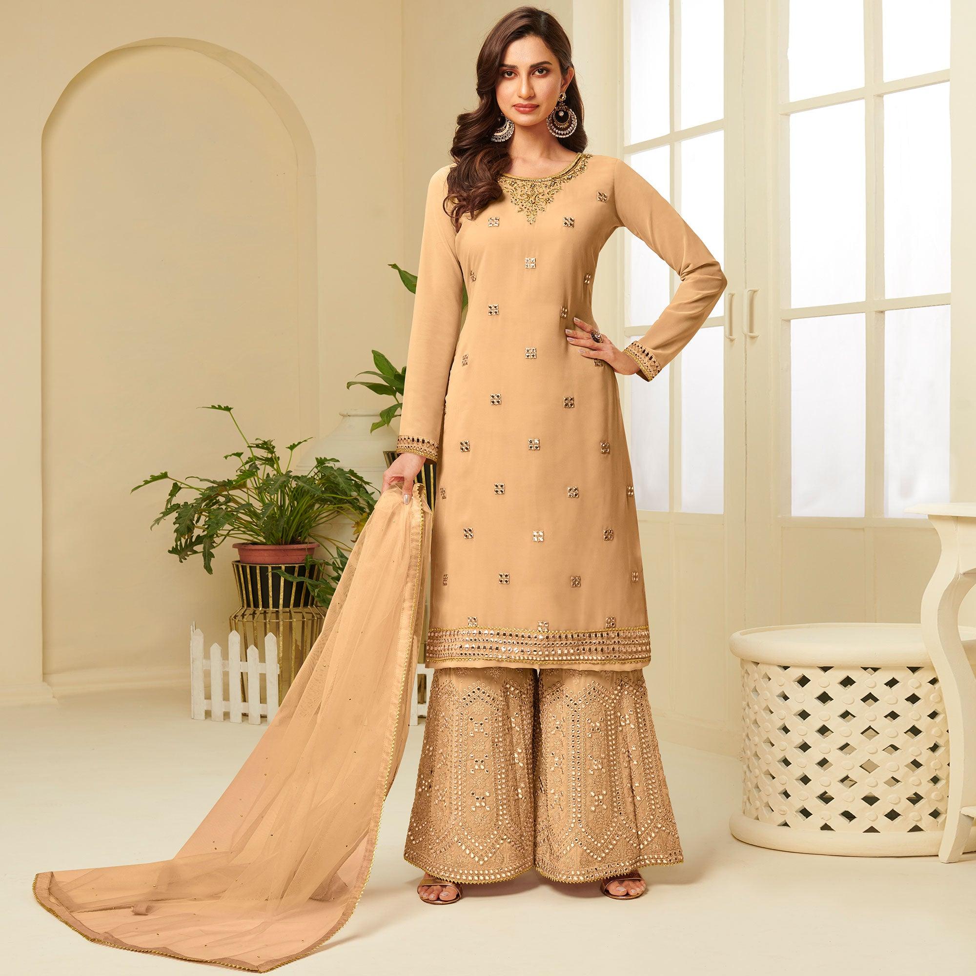 Exotic Mustard Yellow Coloured Partywear Gota Work Georgette Palazzo Suit - Peachmode