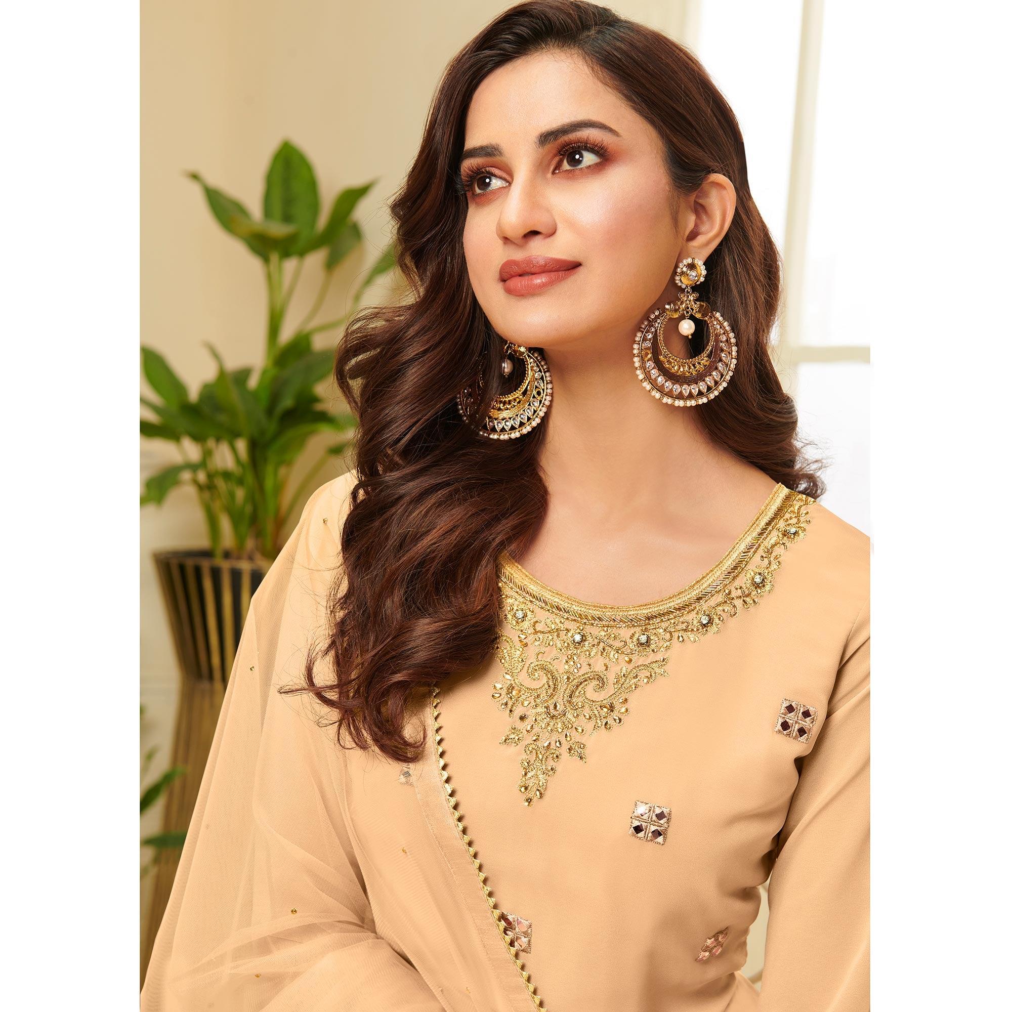 Exotic Mustard Yellow Coloured Partywear Gota Work Georgette Palazzo Suit - Peachmode