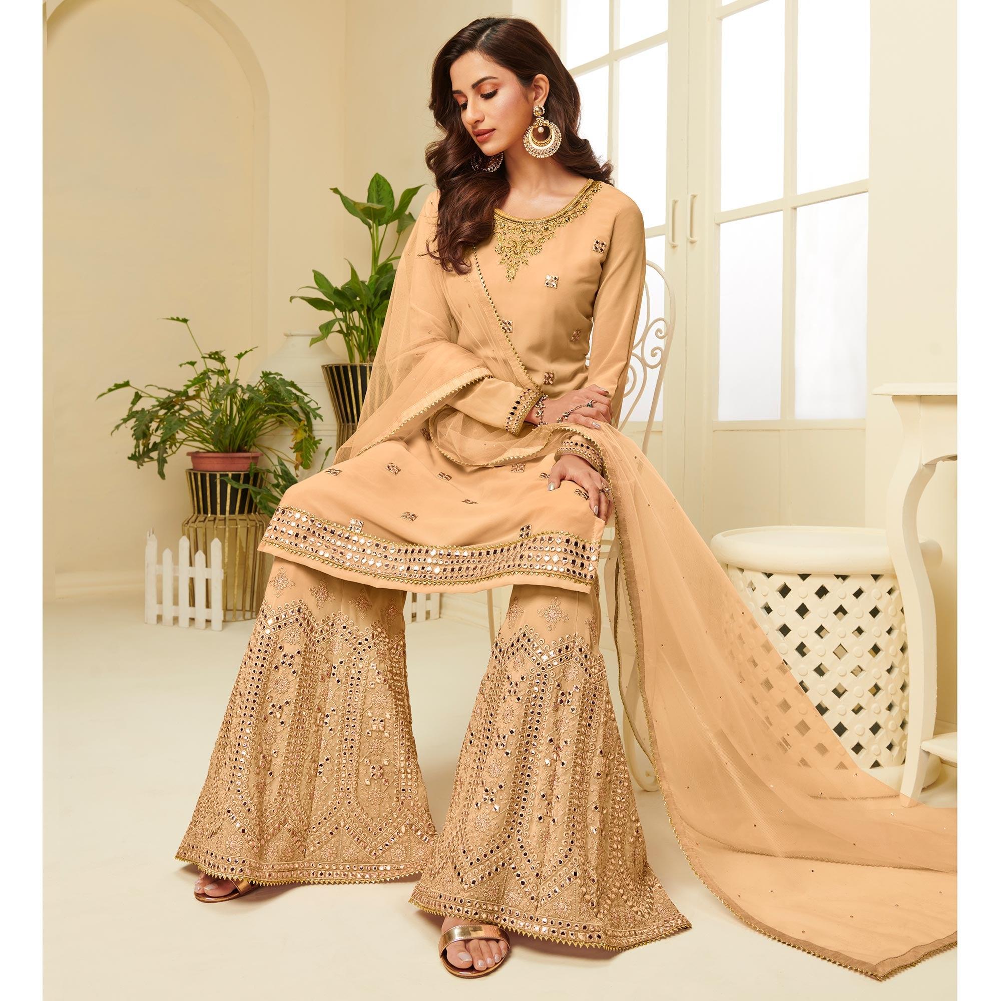 Exotic Mustard Yellow Coloured Partywear Gota Work Georgette Palazzo Suit - Peachmode