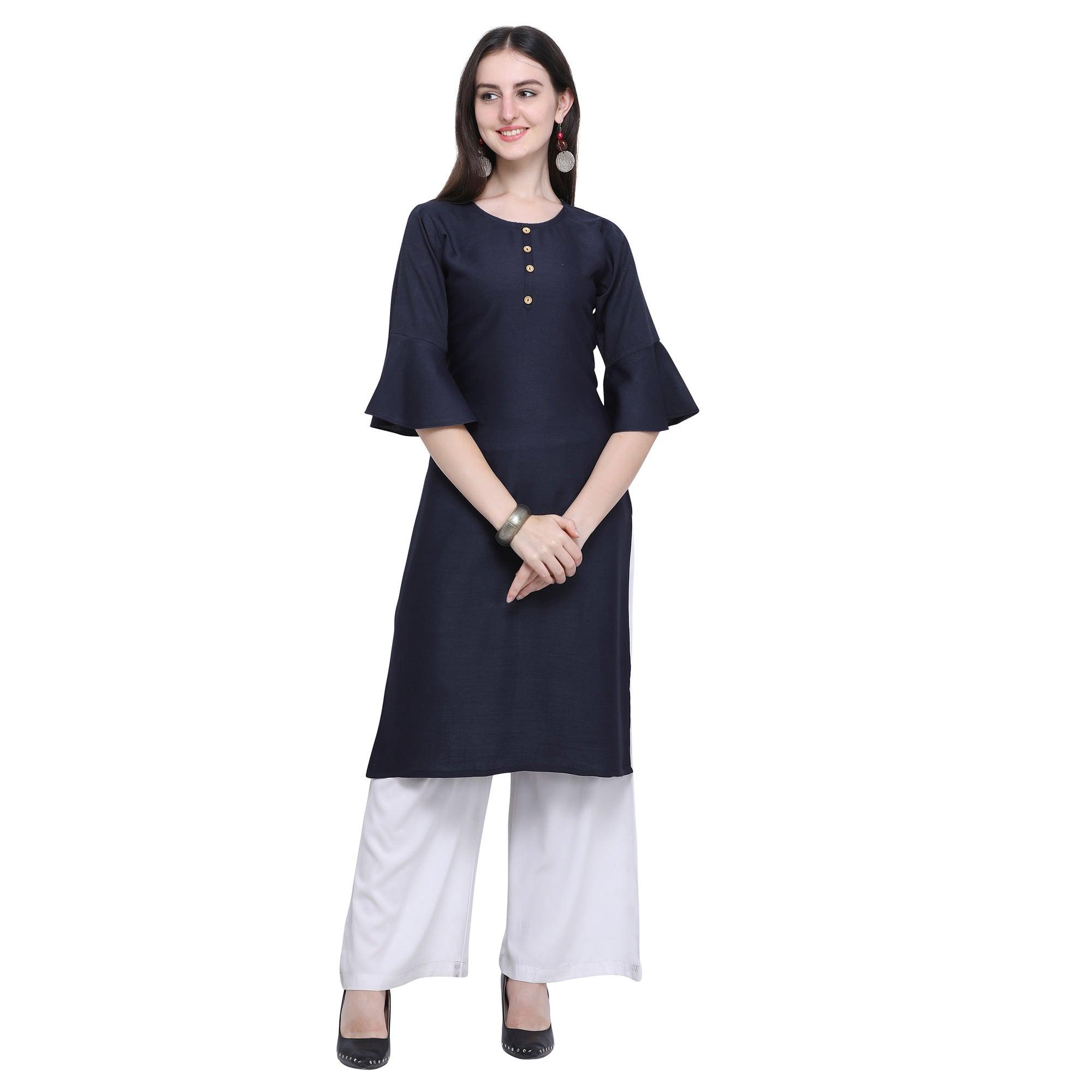 Exotic Navy Blue Colored Casual Wear Embroidered Rayon Kurti-Palazzo Set - Peachmode