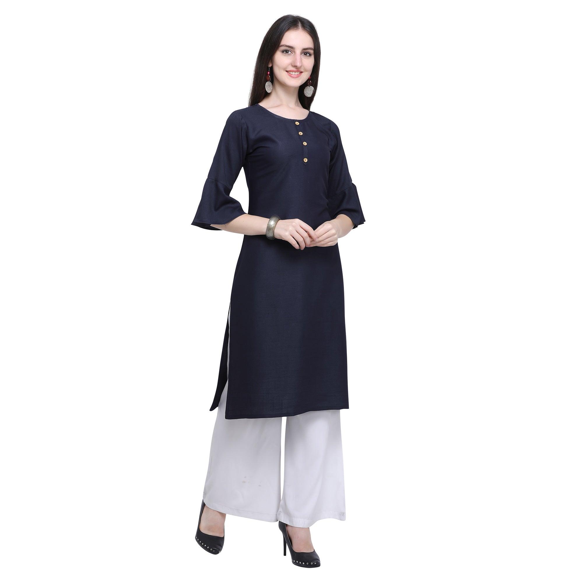 Exotic Navy Blue Colored Casual Wear Embroidered Rayon Kurti-Palazzo Set - Peachmode