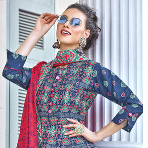 Exotic Navy Blue Colored Partywear Designer Digital Patola Print Killer Silk Anarkali Suit - Peachmode