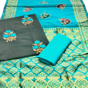 Exotic Olive Green Colored Casual Wear Embroidered Cotton Dress Material With Banarasi Silk Dupatta - Peachmode