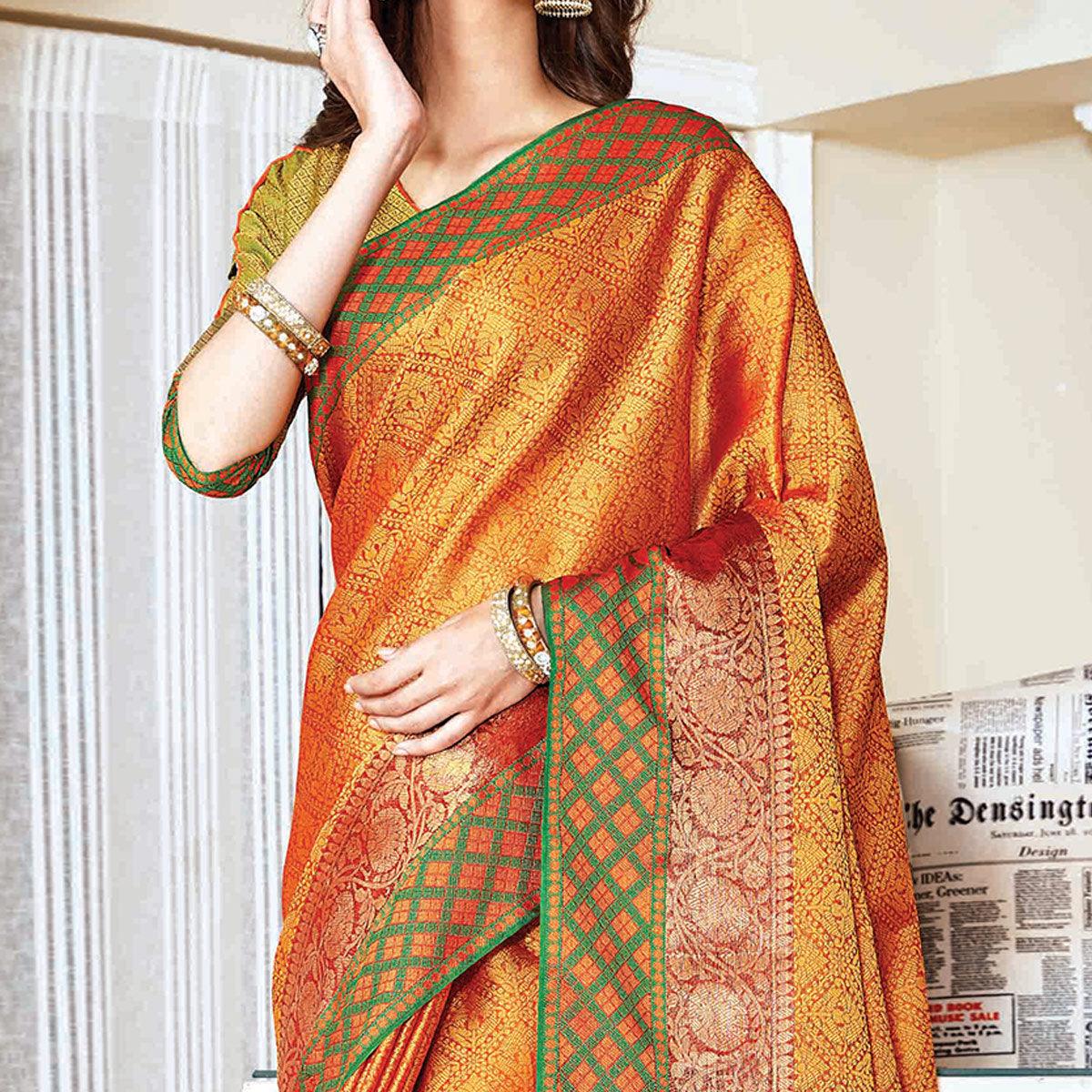 Exotic Orange Colored Festive Wear Woven Handloom Silk Saree - Peachmode