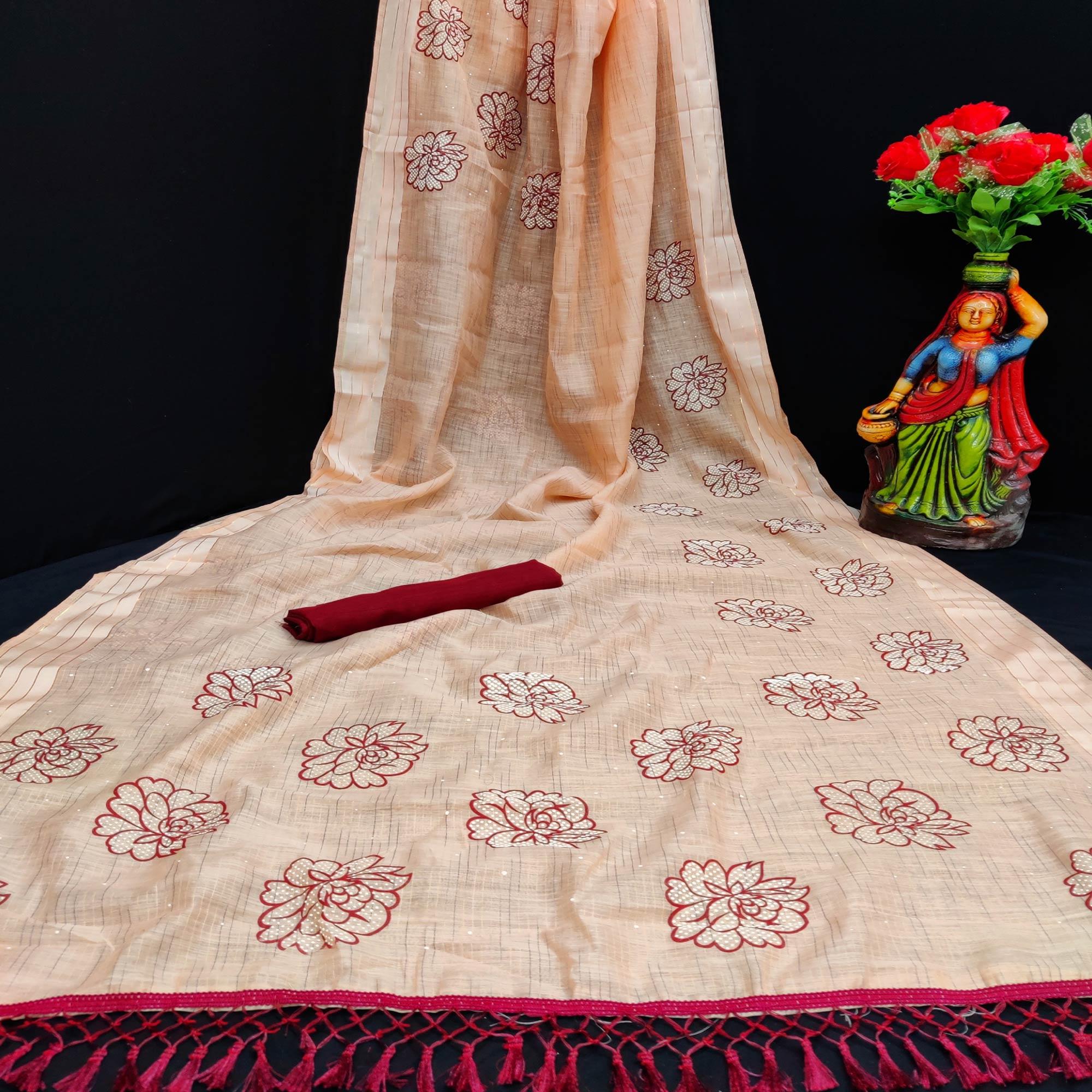 Exotic Orange Coloured Striped Pattern Printed Casual Wear Cotton Saree - Peachmode