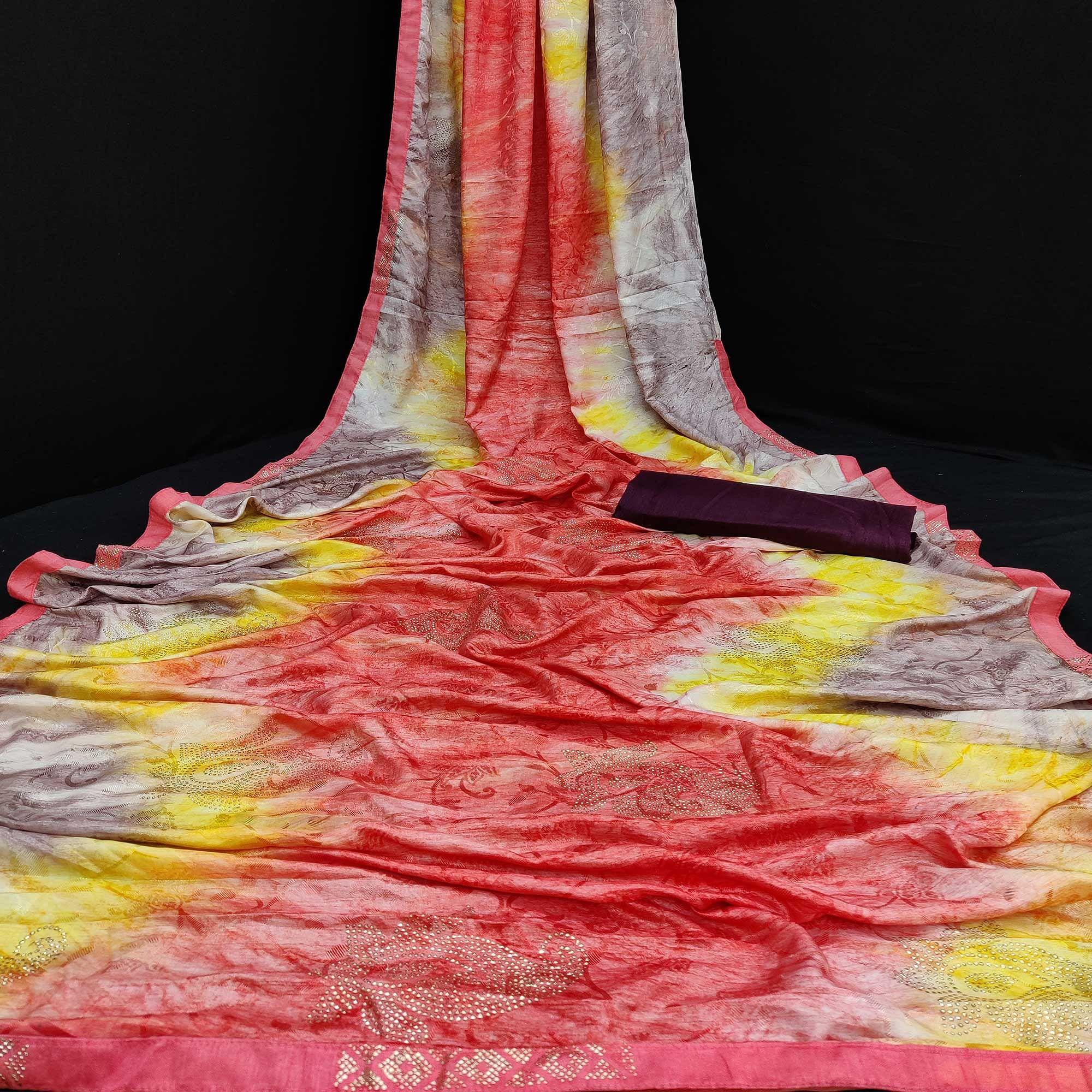 Exotic Peach Colored Embossed Floral Pattern Casual Wear Jacqaurd Dola Silk Saree - Peachmode