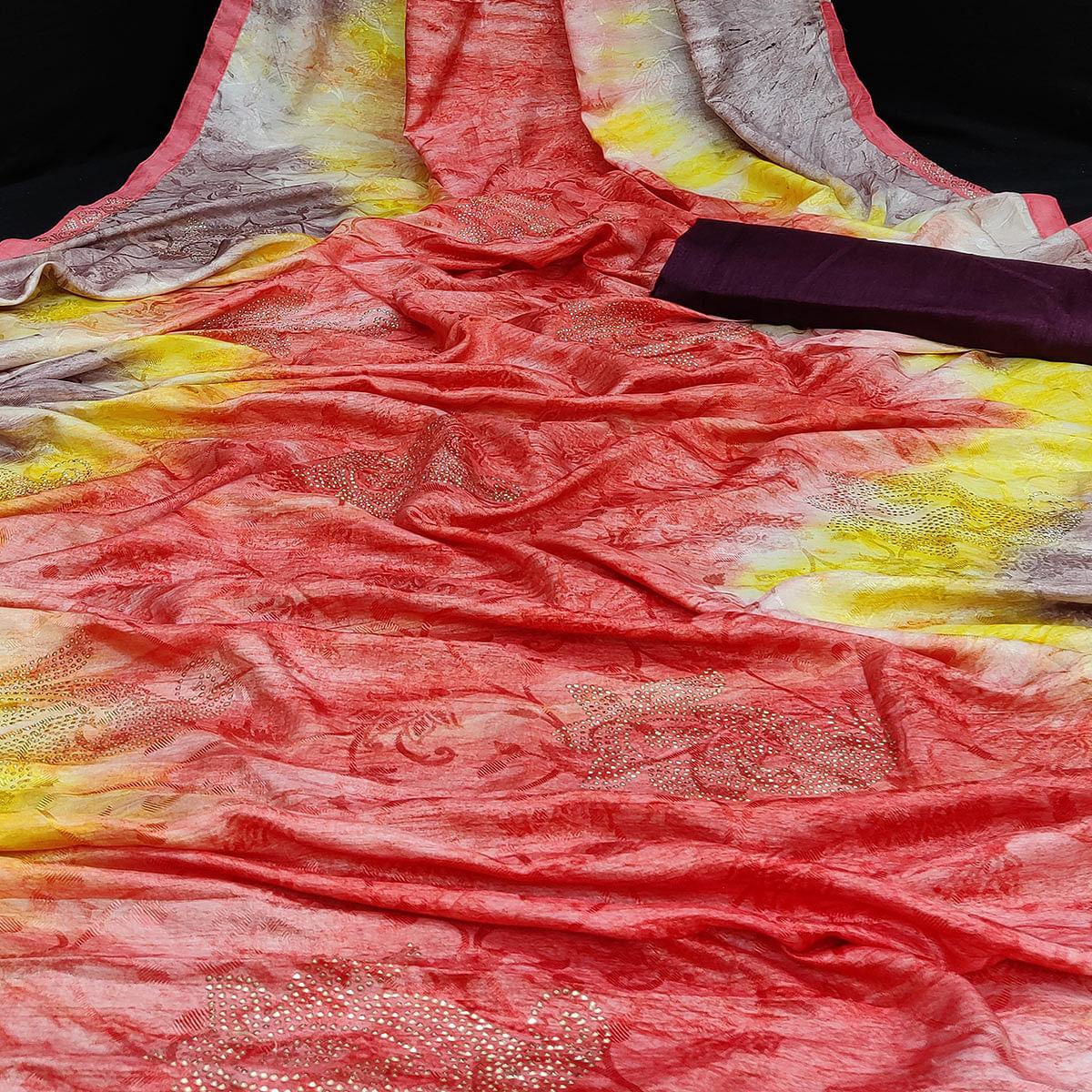 Exotic Peach Colored Embossed Floral Pattern Casual Wear Jacqaurd Dola Silk Saree - Peachmode