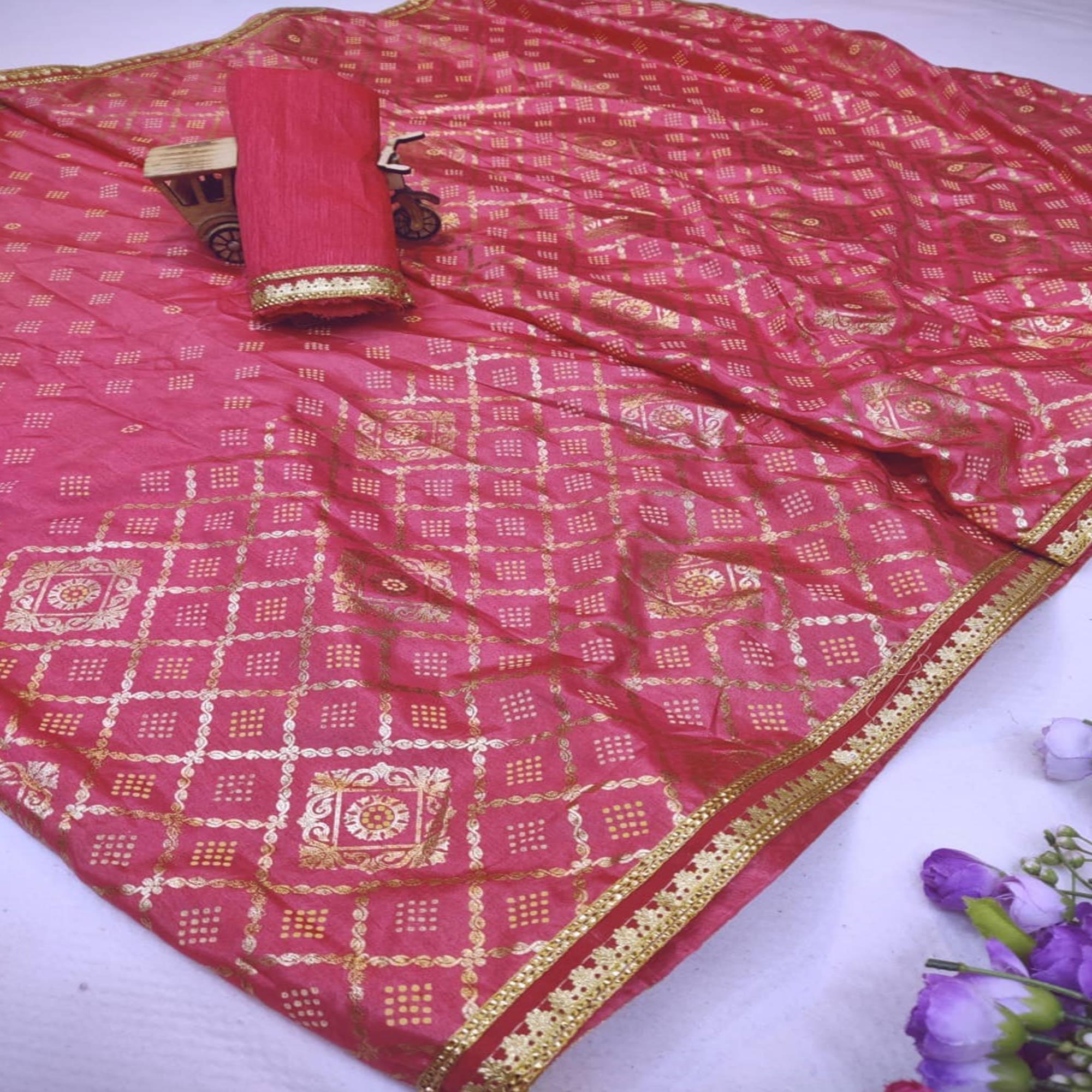 Exotic Peach Colored Festive Wear Foil Printed Dola Silk Saree - Peachmode