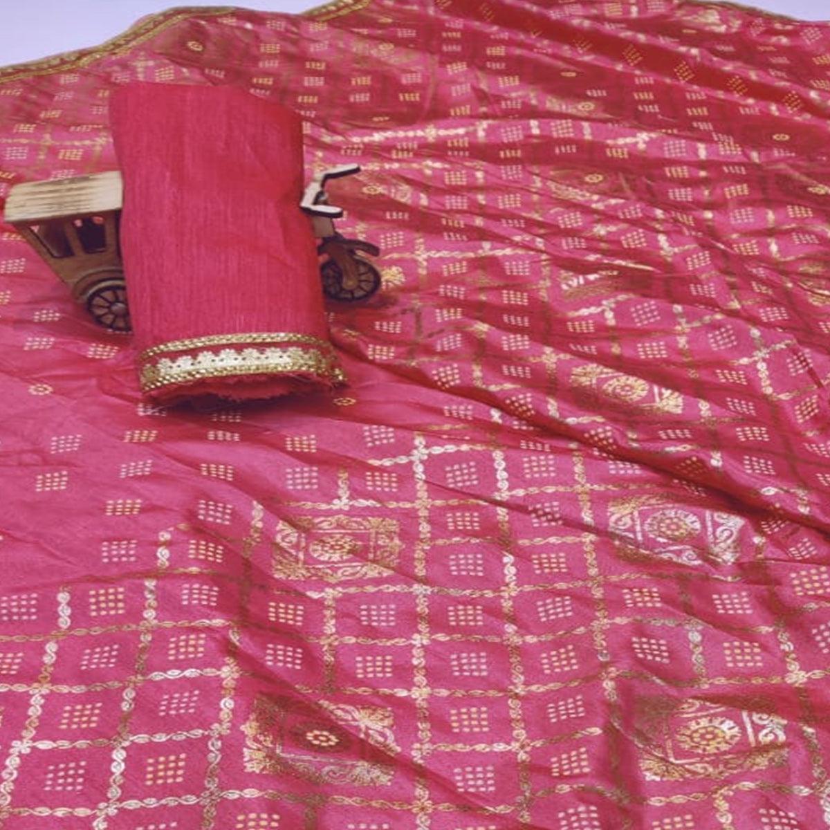 Exotic Peach Colored Festive Wear Foil Printed Dola Silk Saree - Peachmode