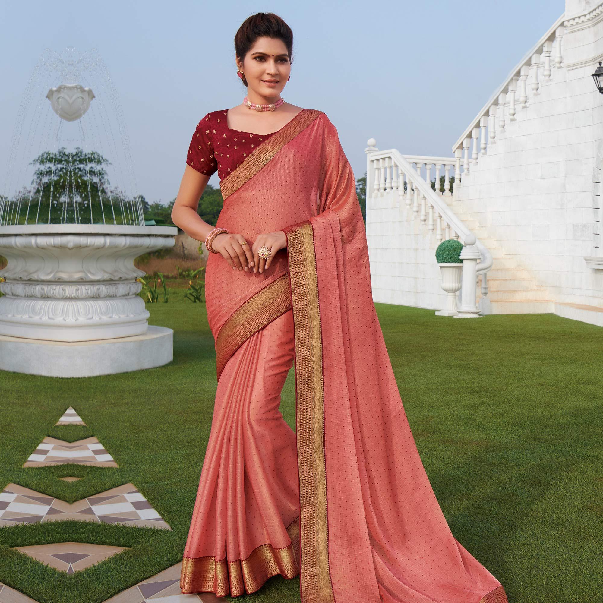 Exotic Peach Colored Party Wear Embroidered Chiffon Saree - Peachmode