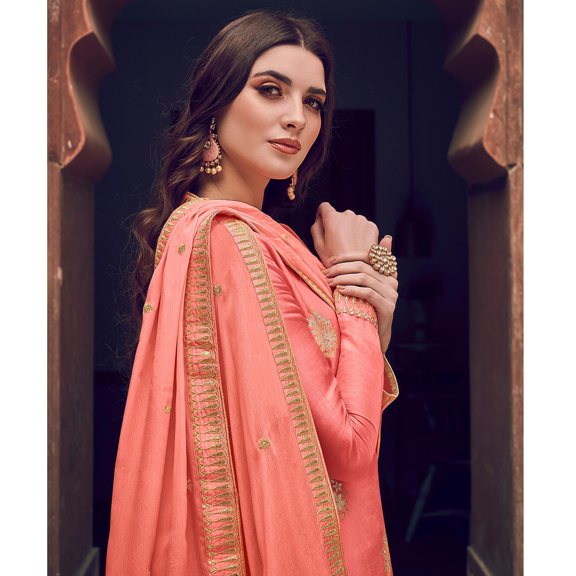 Exotic Peach Colored Partywear Embroidered Pure Dola Jacquard Palazzo Suit - Peachmode