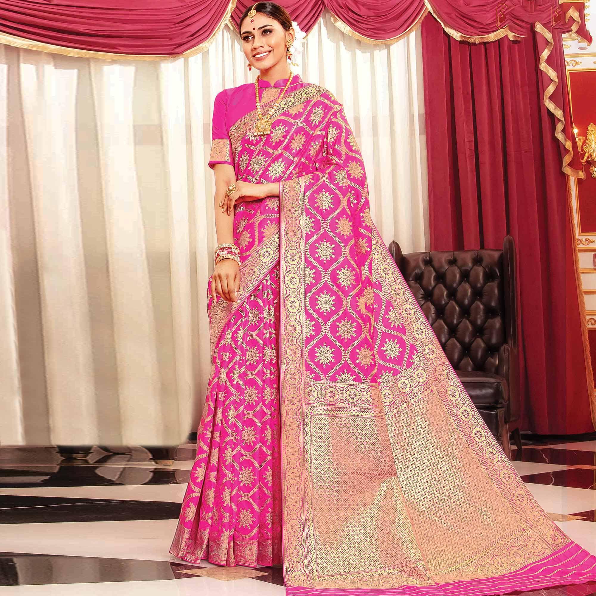 Exotic Pink Colored Festive Wear Woven Banarasi Silk Saree - Peachmode