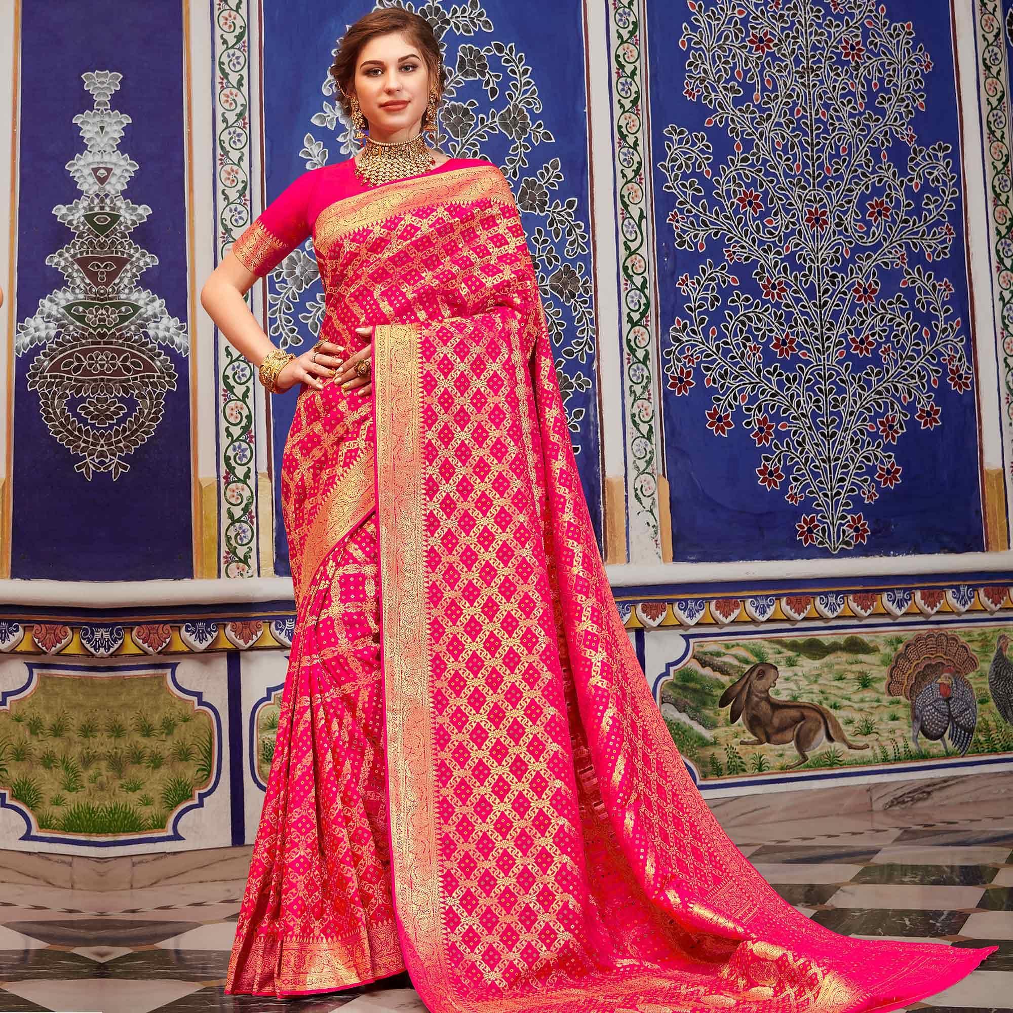 Exotic Pink Colored Festive Wear Woven Handloom Silk Saree - Peachmode