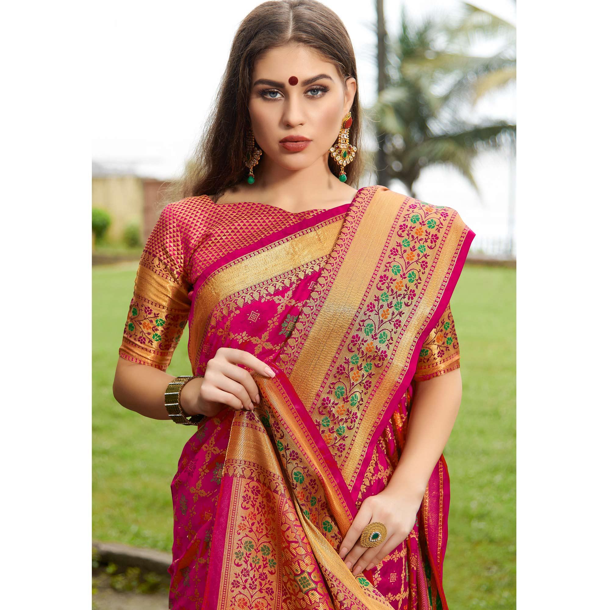 Exotic Pink Colored Festive Wear Woven Silk Saree - Peachmode