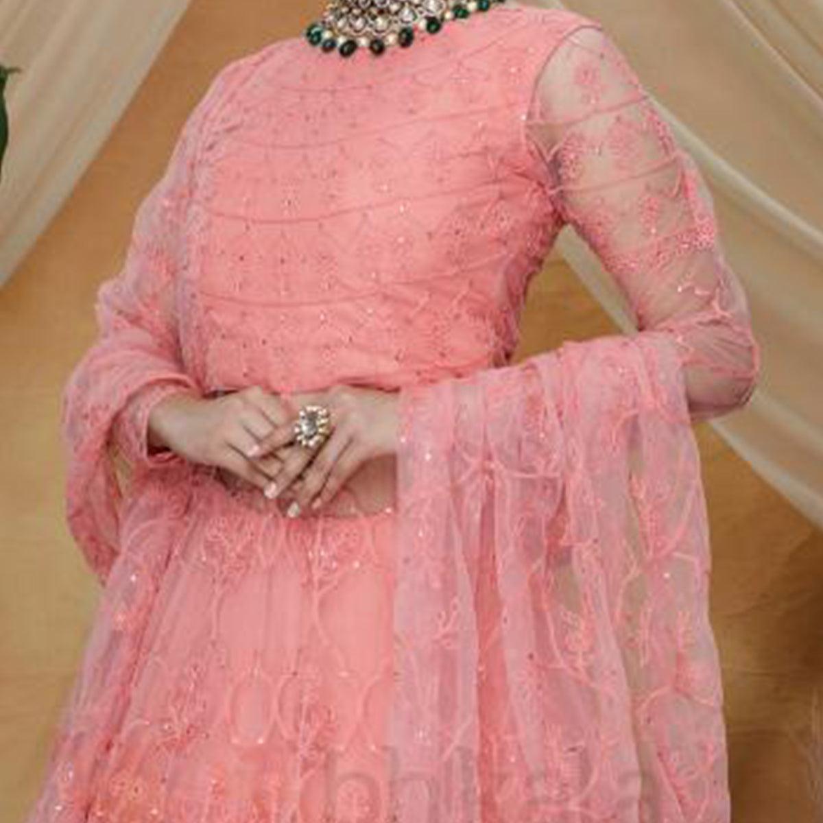 Exotic Pink Colored Party Wear Embroidered Net Lehenga Style Gown - Peachmode