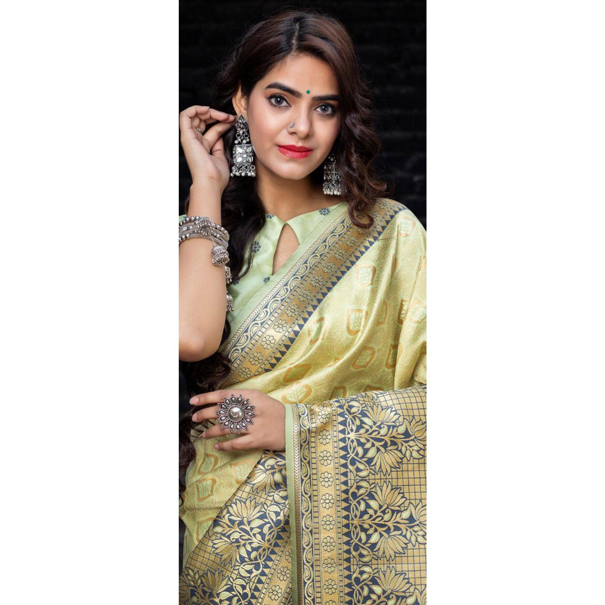 Exotic Pista Colored Festive Wear Woven Banarasi Silk Saree - Peachmode