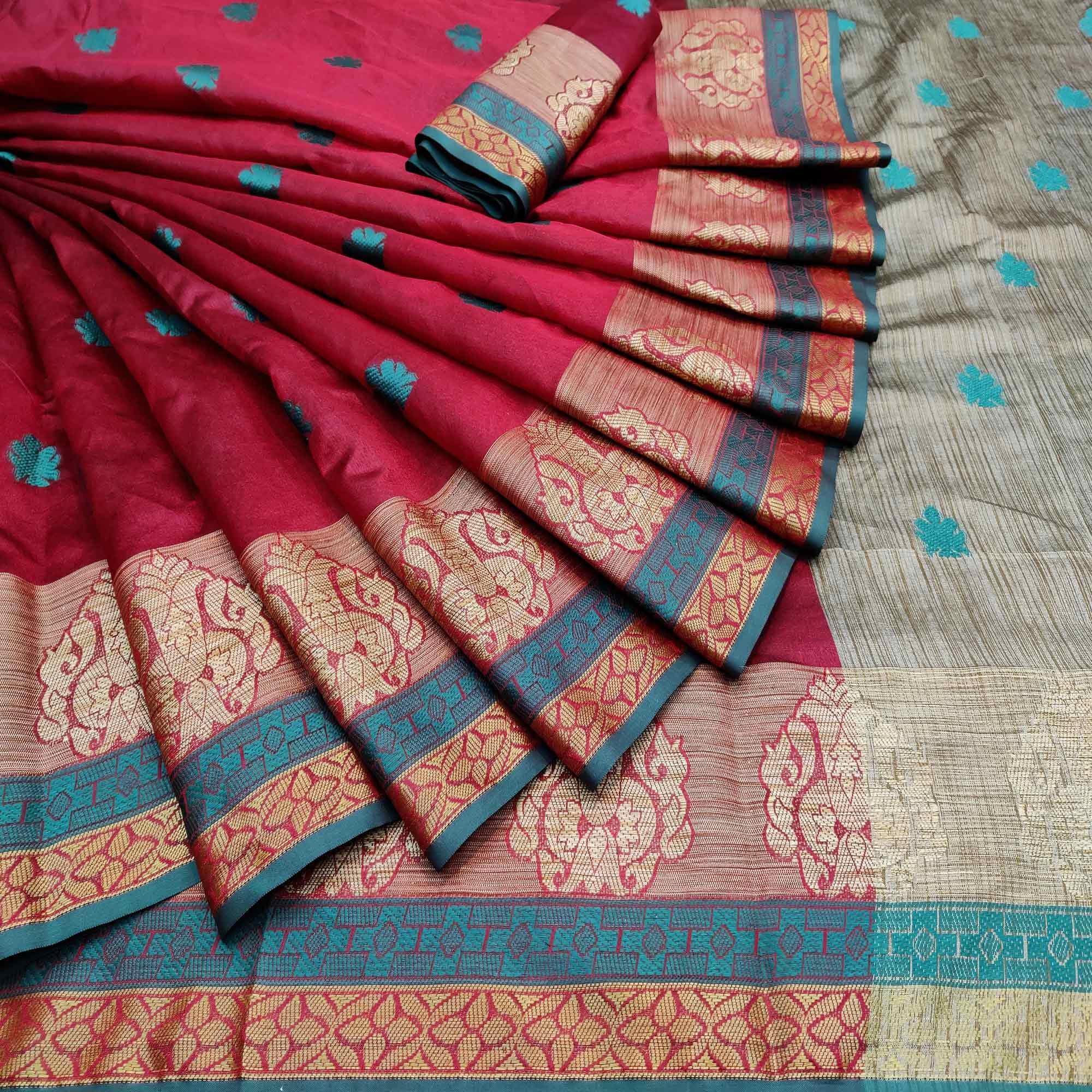 Exotic Red Colored Festive Wear Woven Art Silk Saree - Peachmode