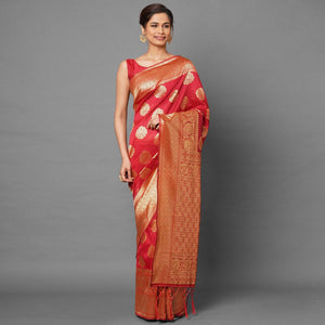 Exotic Red Colored Festive Wear Woven Silk Blend Saree - Peachmode